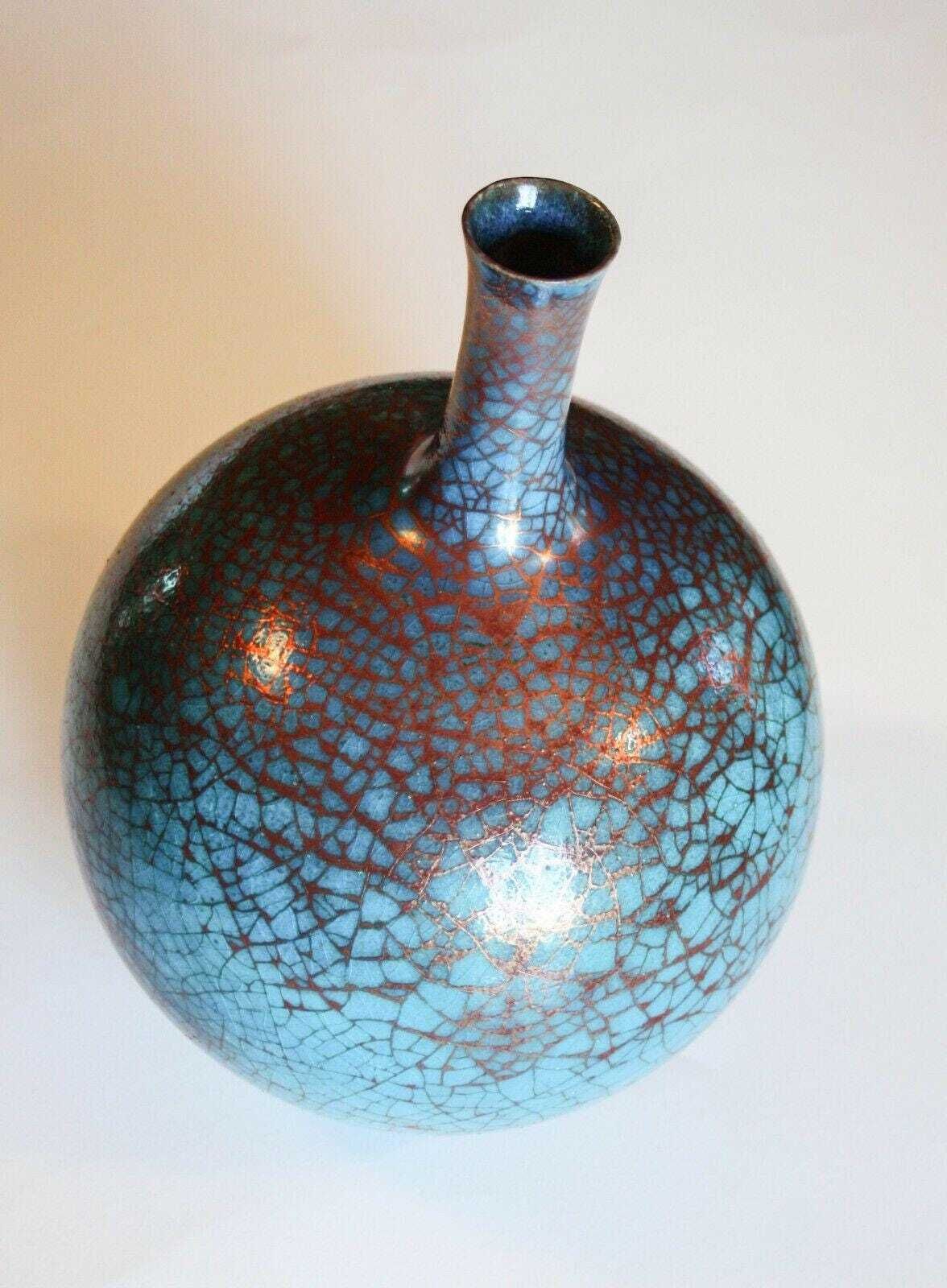 Carlo Zauli Blue Spherical Vase In Stoneware Ceramic, Vintage Design, 1970s Midcentury Modern Italian Pottery photo for sale
