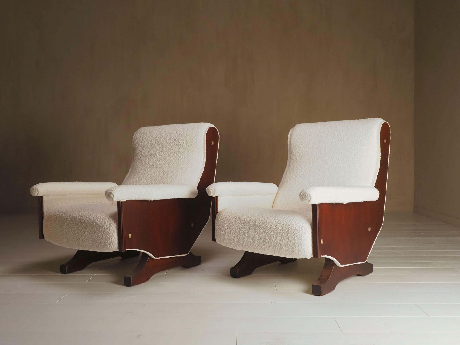Pair Of Italian 1960's Modern Walnut & Boucle Armchairs photo furniture
