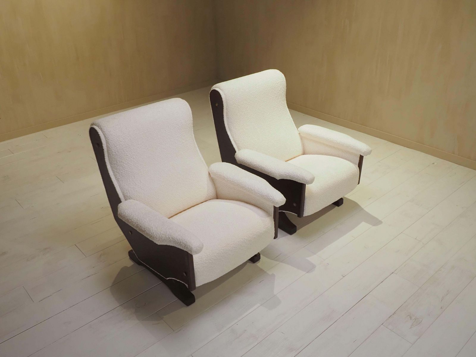 Furniture Pair Of Italian 1960's Modern Walnut & Boucle Armchairs photo