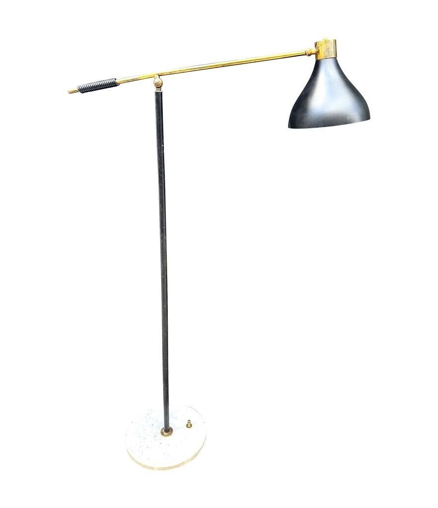 An Italian 1960s Black Enamel, Brass And Marble Adjustable Floor Lamp By Stilux photo vintage