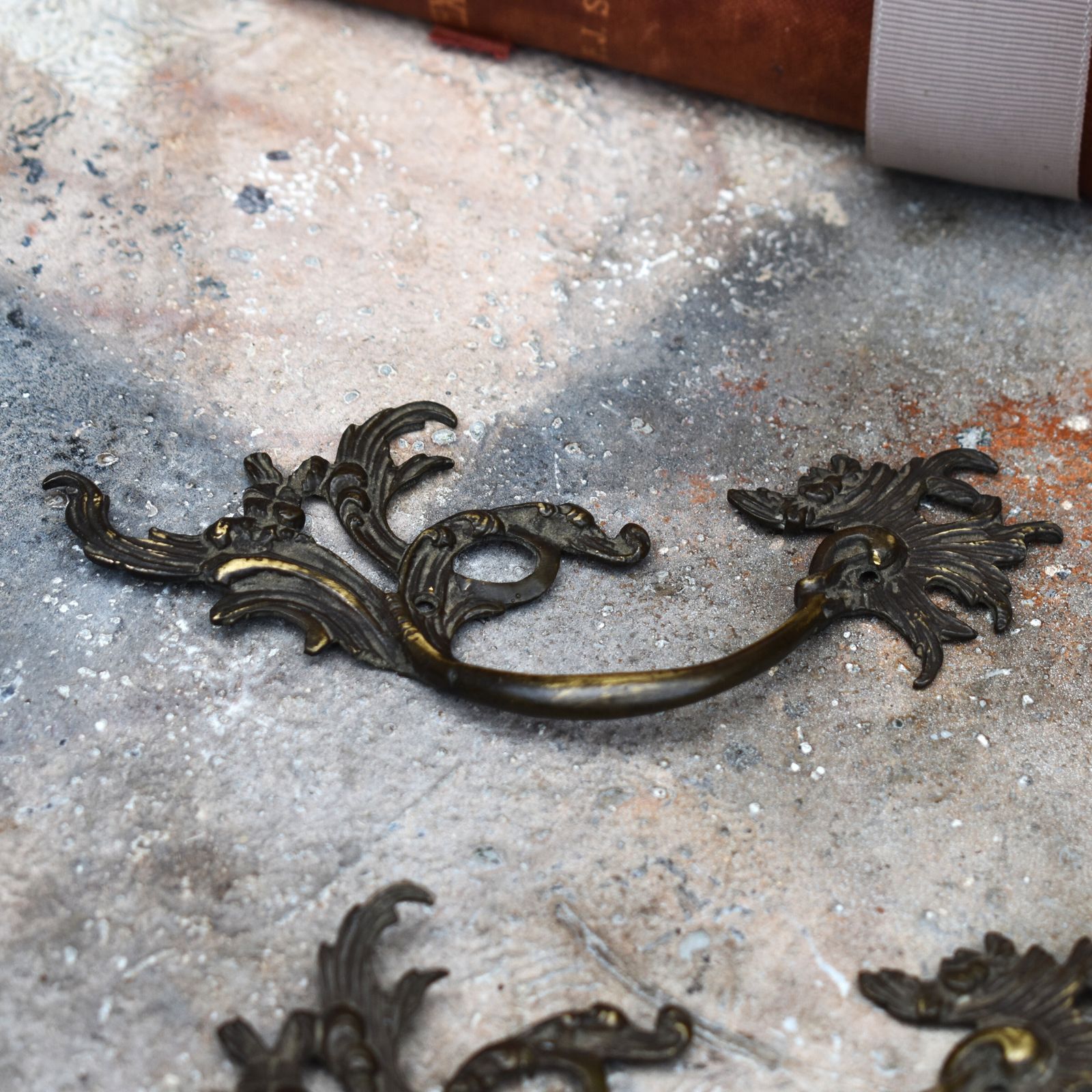 75.0 Antique Victorian Salvaged Brass Cabinet Chest Of Drawers Handles Set Of Four photo