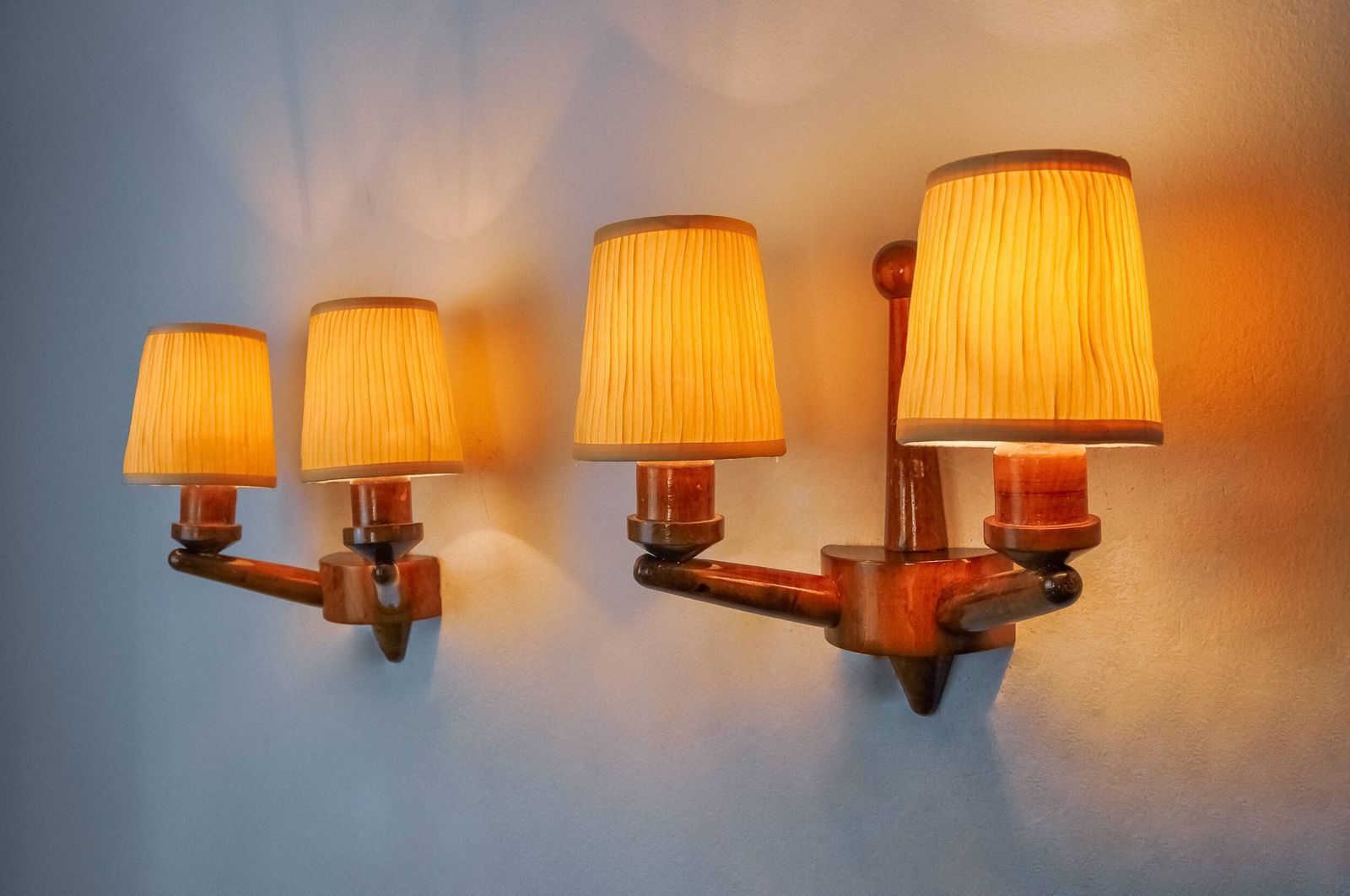 Pair Of Two Armed Art Deco "Ball" Wall Lights, Carved Wood, France, 1960 photo for sale