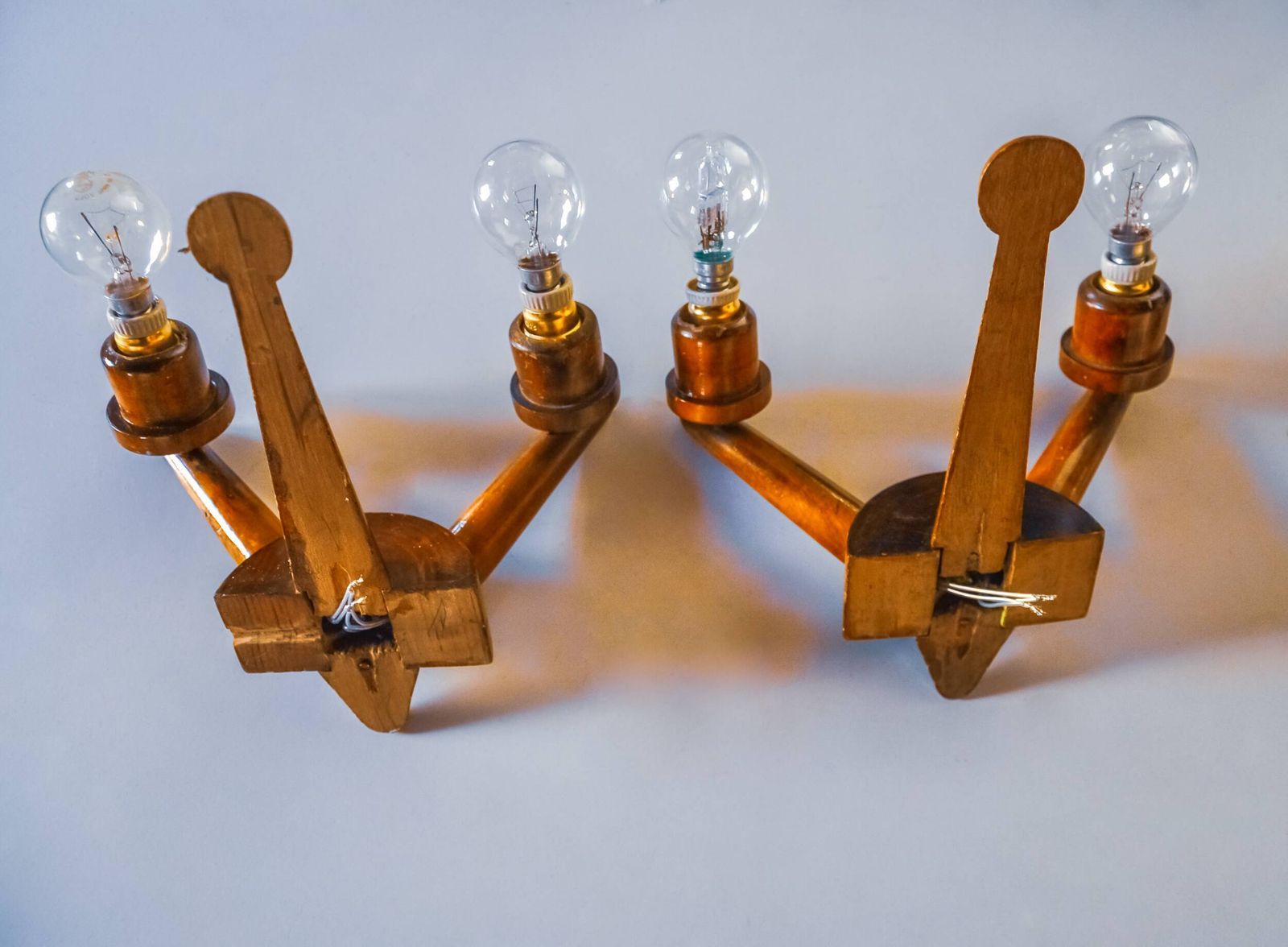 Pair Of Two Armed Art Deco "Ball" Wall Lights, Carved Wood, France, 1960 photo vintage