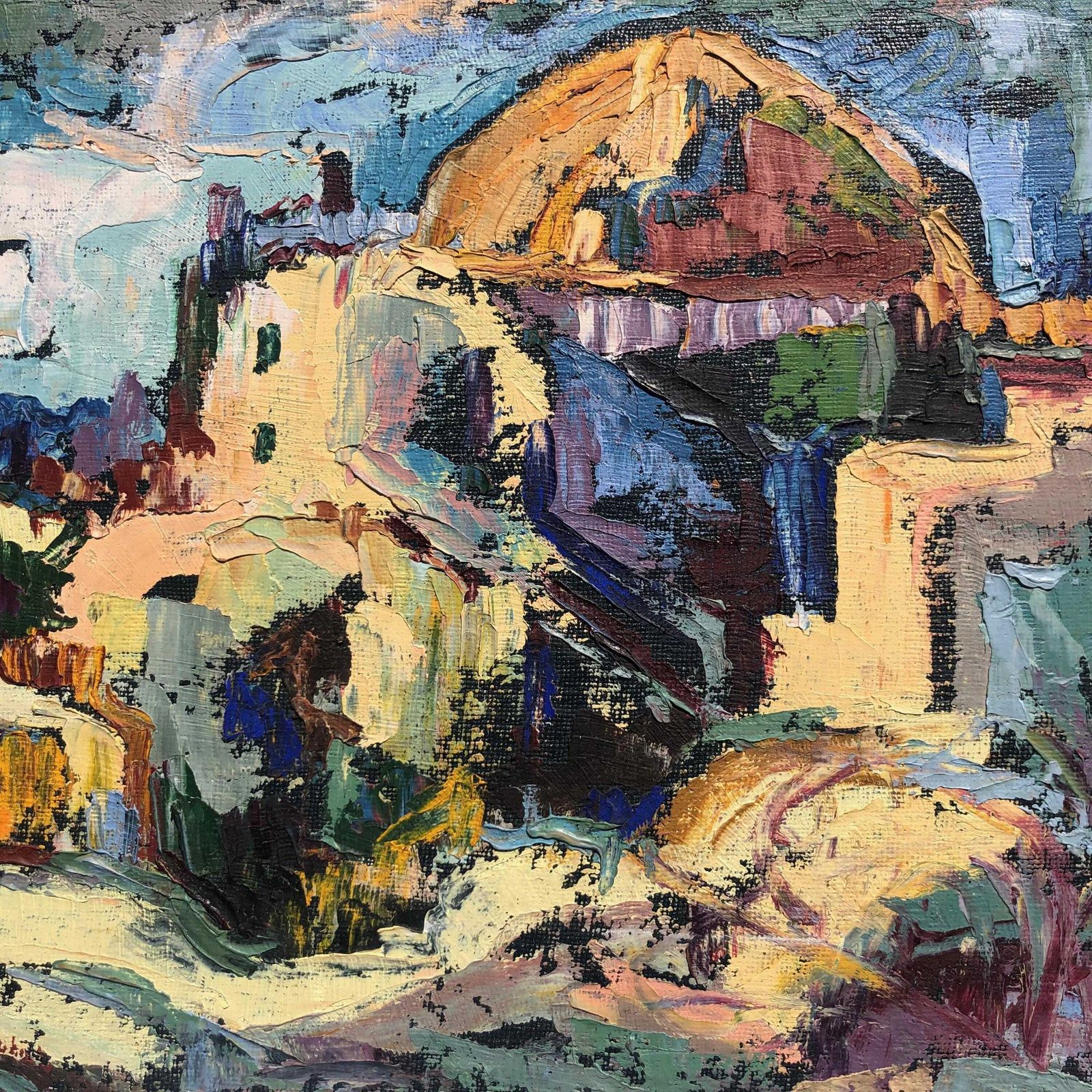 Abstract Landscape Oil Painting 1970's Framed Art Mid Century Abstract Landscape Painting  Greek Island Mediterranean Village Oil Painting photo furniture