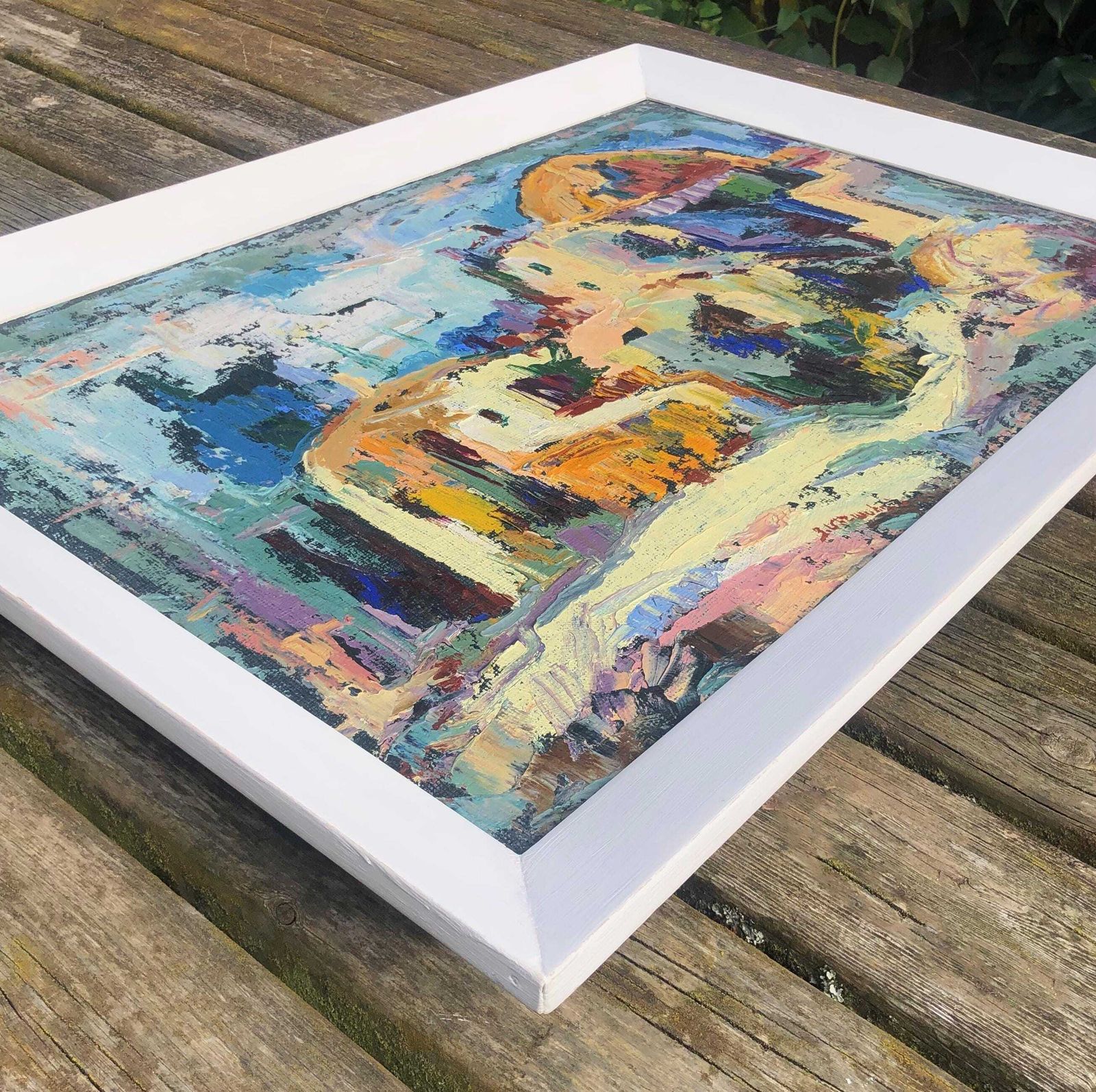 Abstract Landscape Oil Painting 1970's Framed Art Mid Century Abstract Landscape Painting  Greek Island Mediterranean Village Oil Painting photo for sale