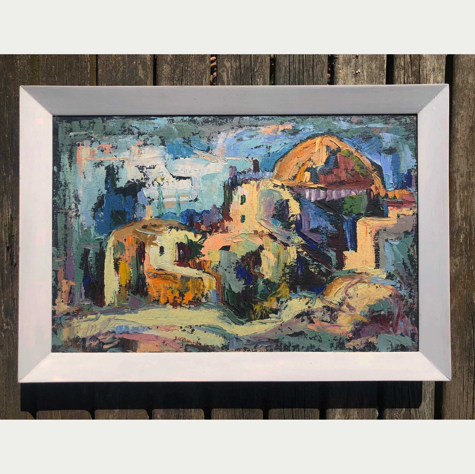 Abstract Landscape Oil Painting 1970's Framed Art Mid Century Abstract Landscape Painting  Greek Island Mediterranean Village Oil Painting photo Art
