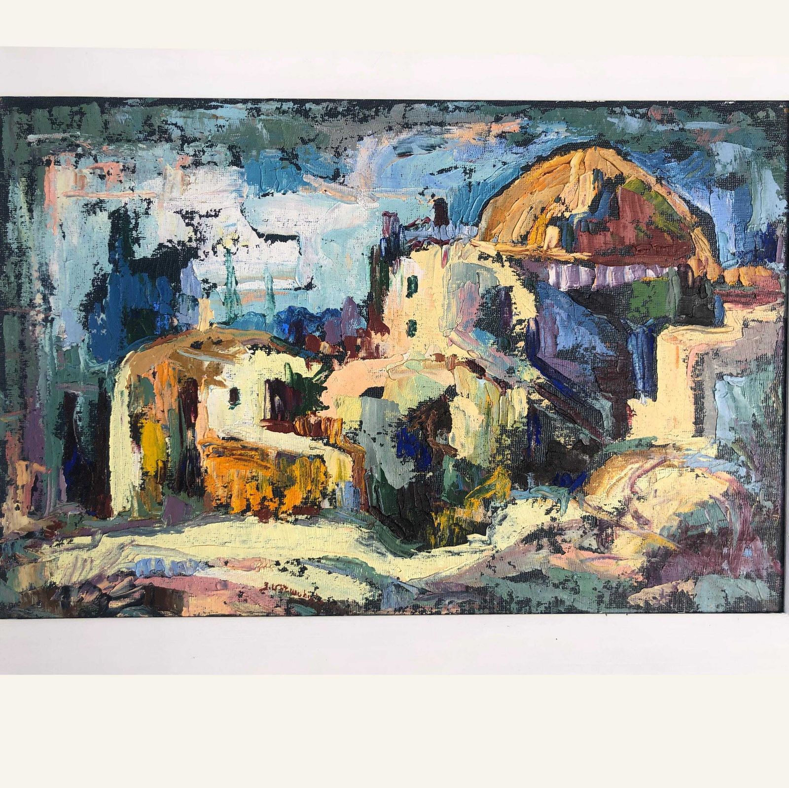 Abstract Landscape Oil Painting 1970's Framed Art Mid Century Abstract Landscape Painting  Greek Island Mediterranean Village Oil Painting photo buy