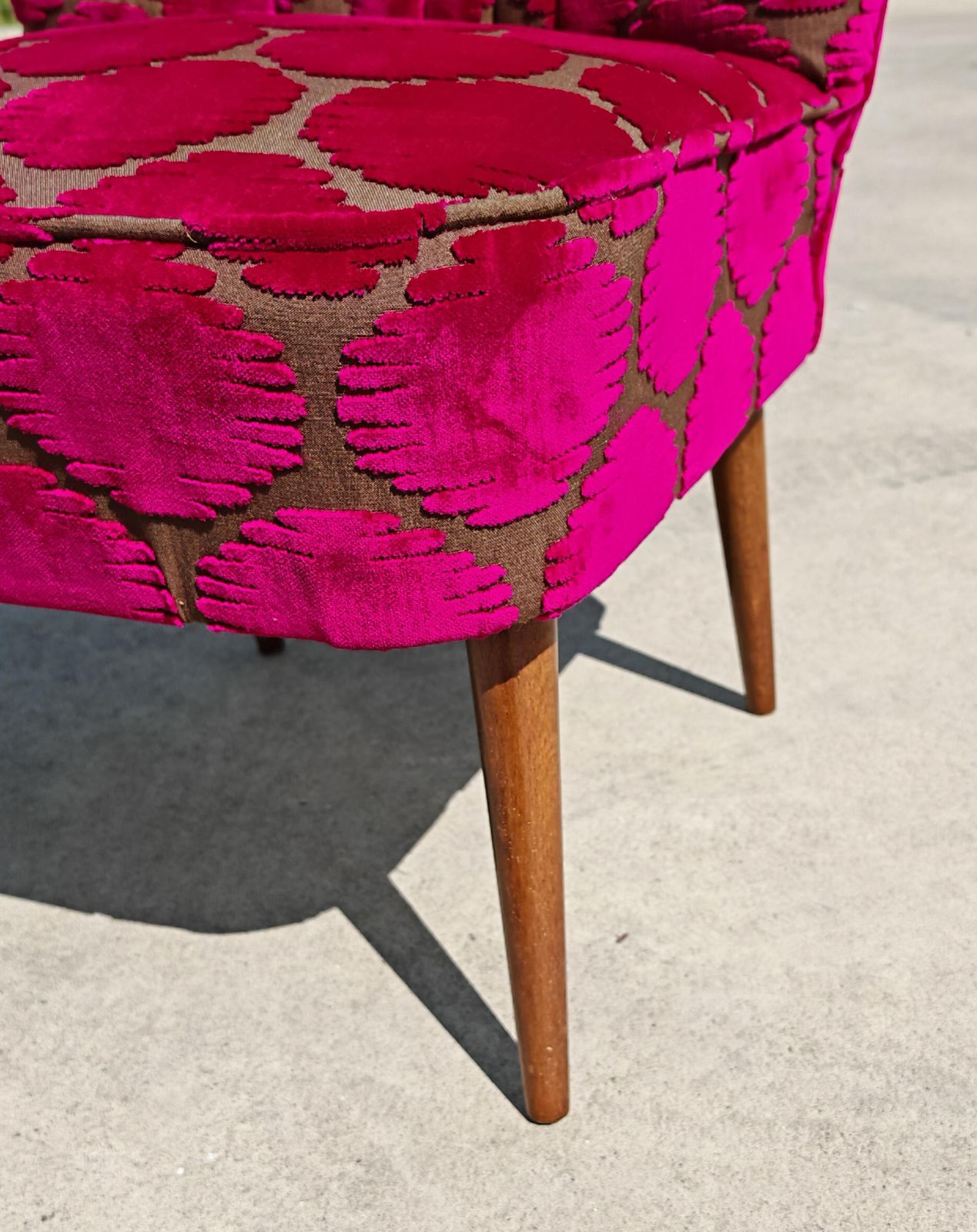Mid Century Modern Shellback Cocktail Chairs Reupholstered In Polka Dot Plush photo for sale