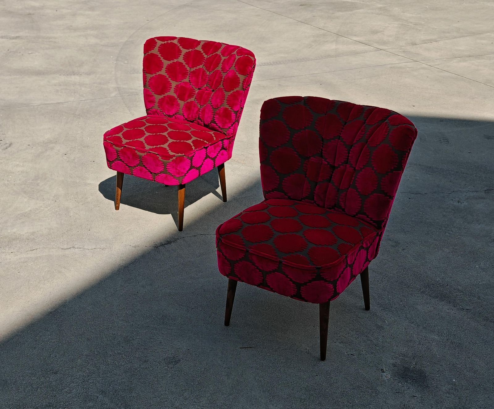 Mid Century Modern Shellback Cocktail Chairs Reupholstered In Polka Dot Plush photo buy