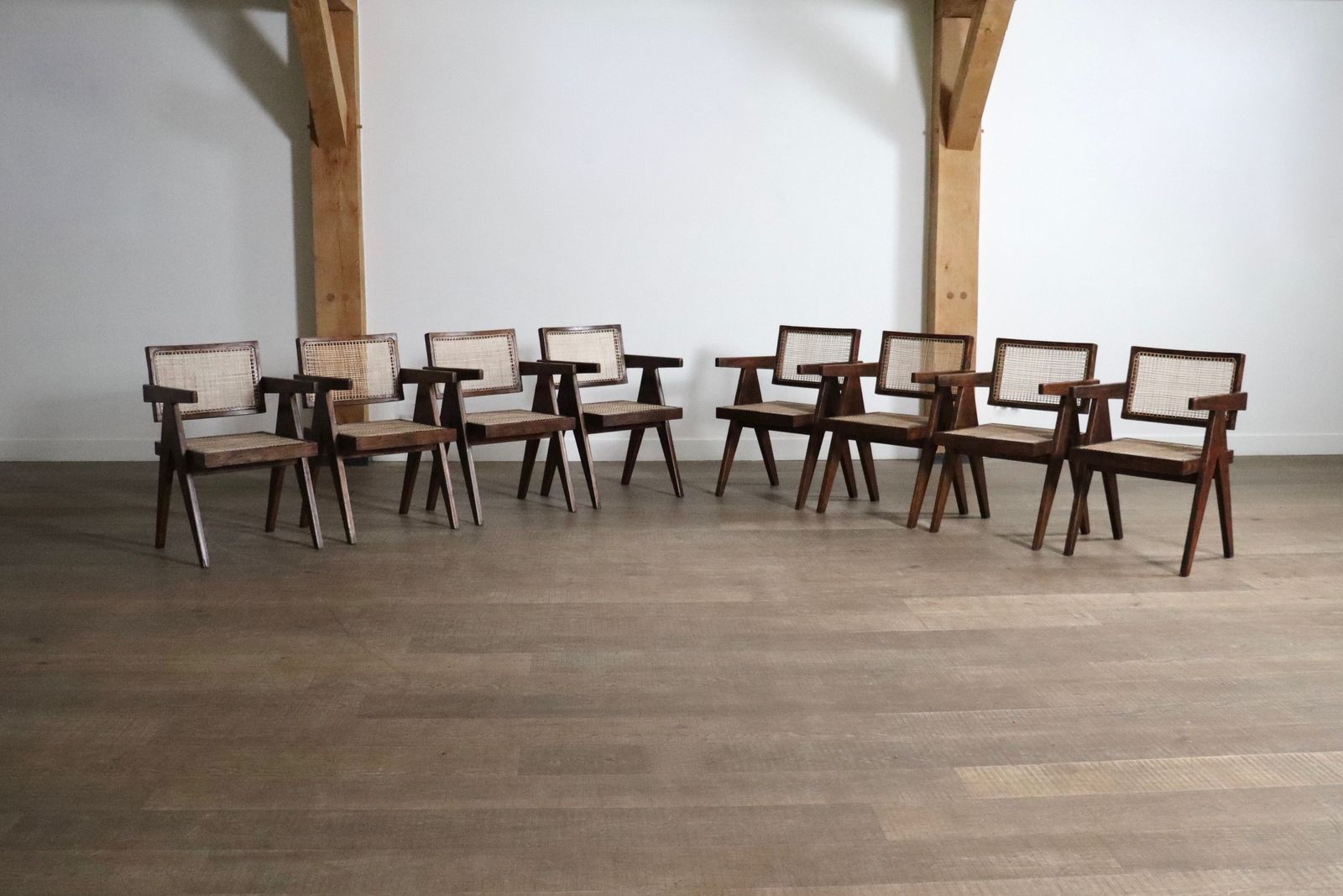 Set Of 8 Pierre Jeanneret Office Cane Chairs, India 1950s