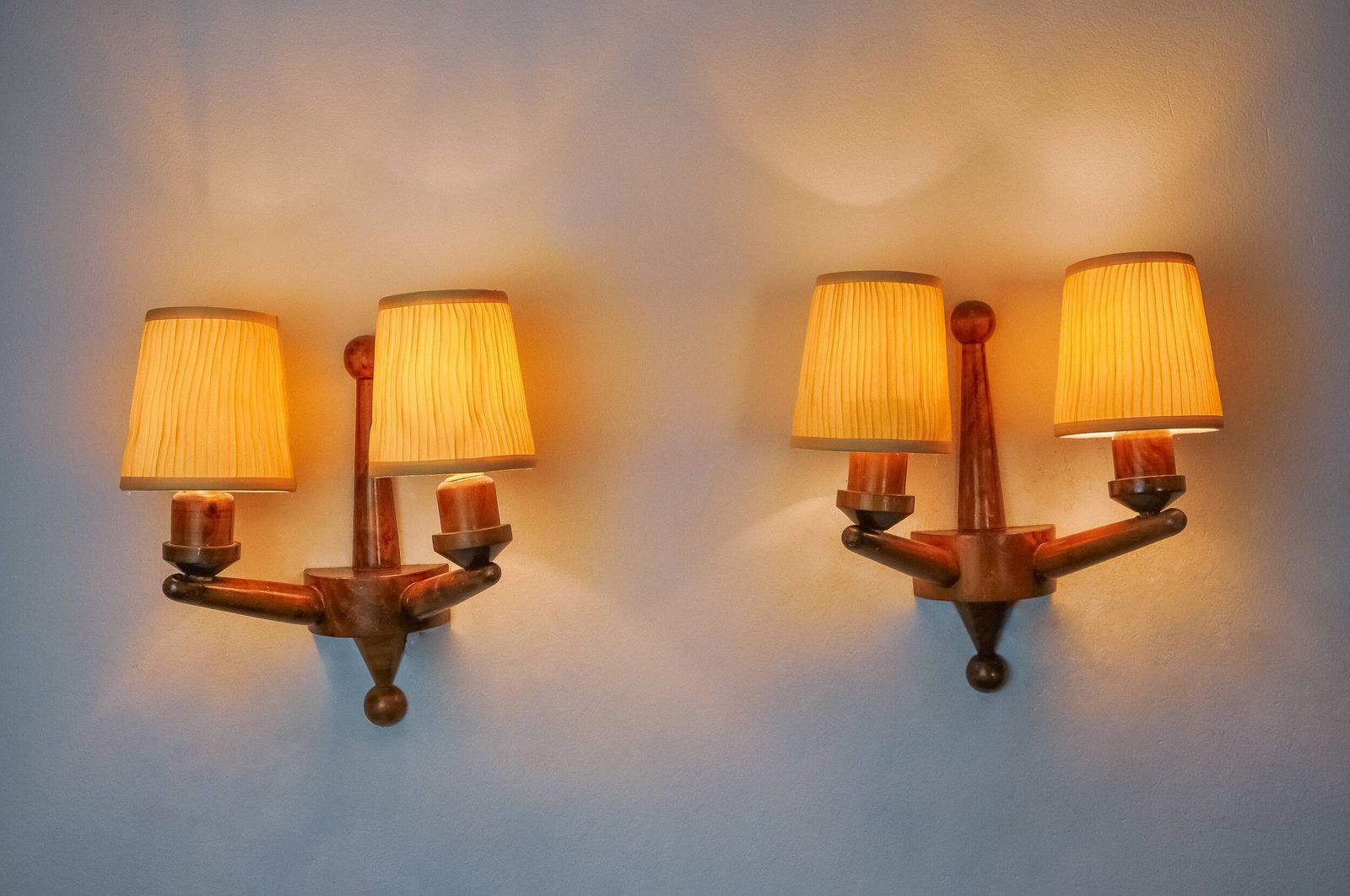 Pair Of Two Armed Art Deco Wall Lights, Carved Wood, France, 1960 photo Lighting