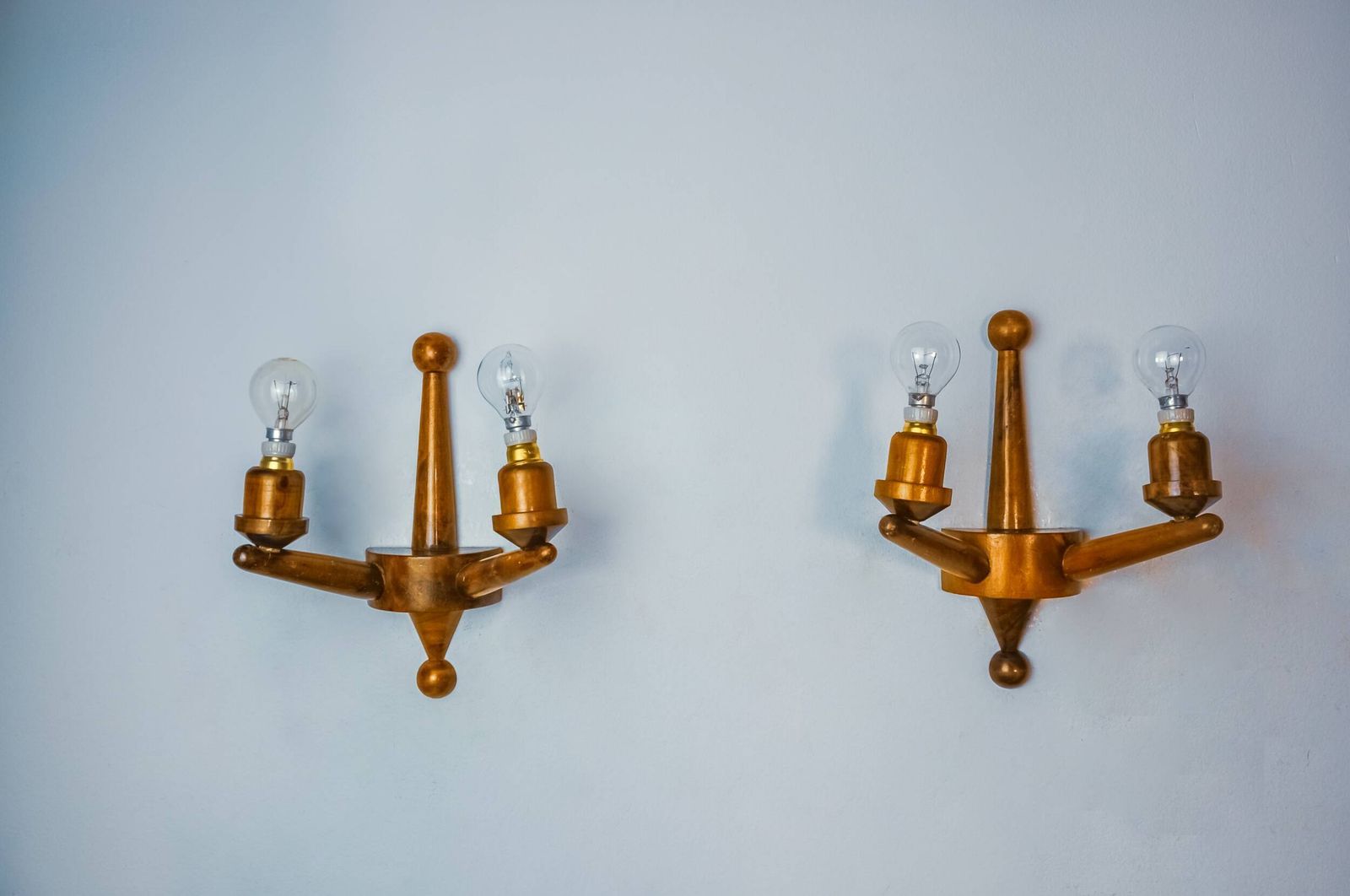 Pair Of Two Armed Art Deco Wall Lights, Carved Wood, France, 1960 photo buy