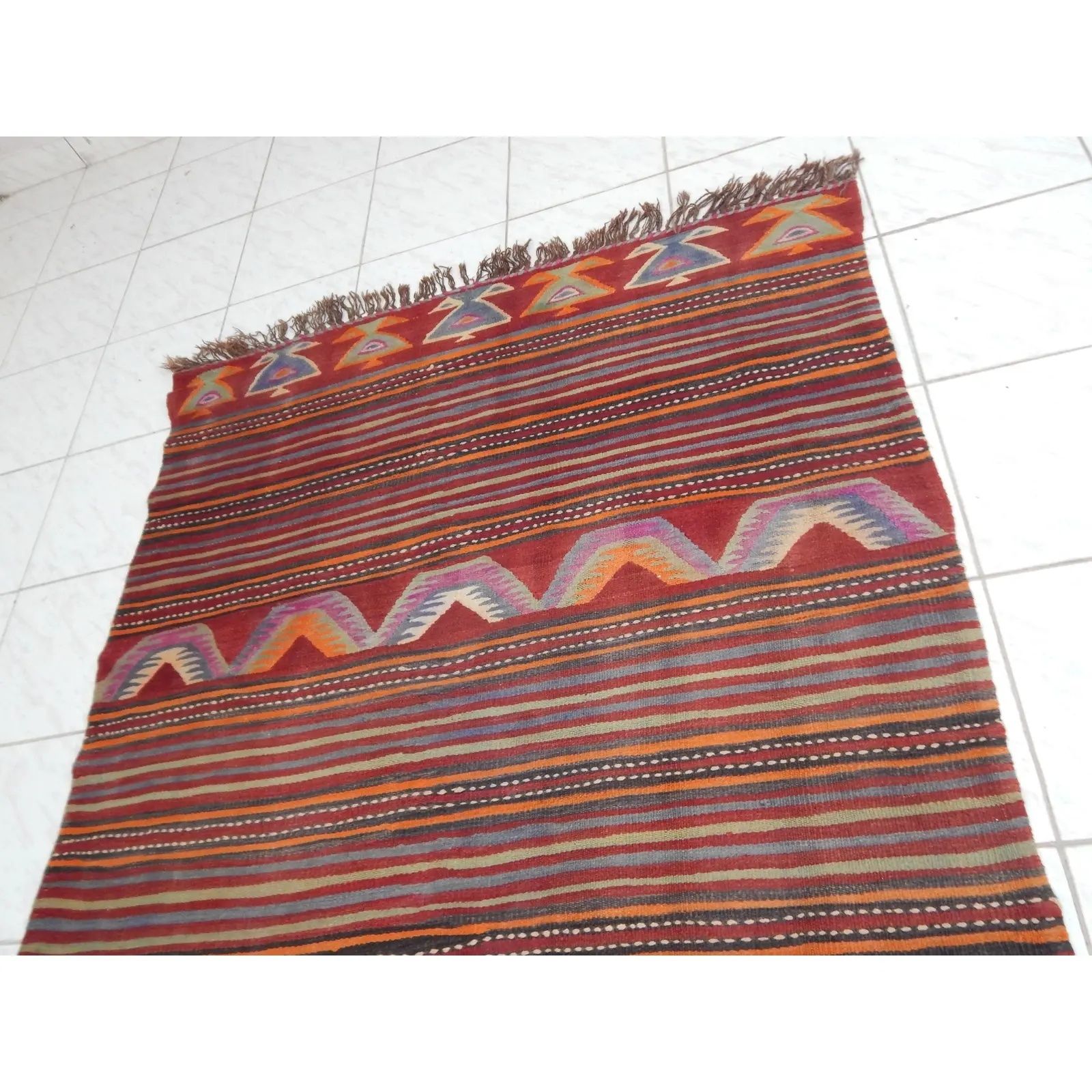 1960s Oversize Bohemian Striped Wool Kilim Rug 4'6" X 5'6" photo for sale