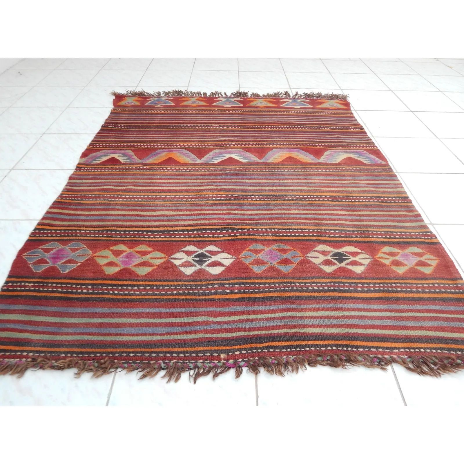 1960s Oversize Bohemian Striped Wool Kilim Rug 4'6" X 5'6" photo Textiles