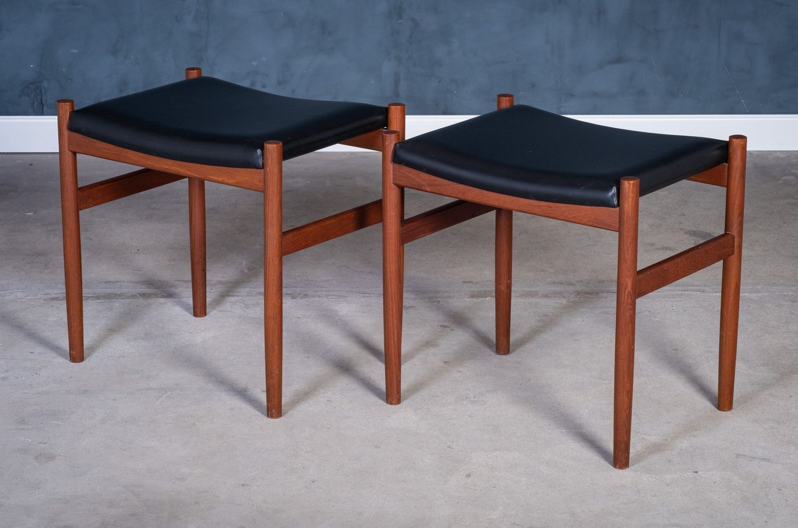 Teak Stools With Black Leather Tops From Spøttrup Møbelfabrik, 1960s, Set Of 2 photo furniture