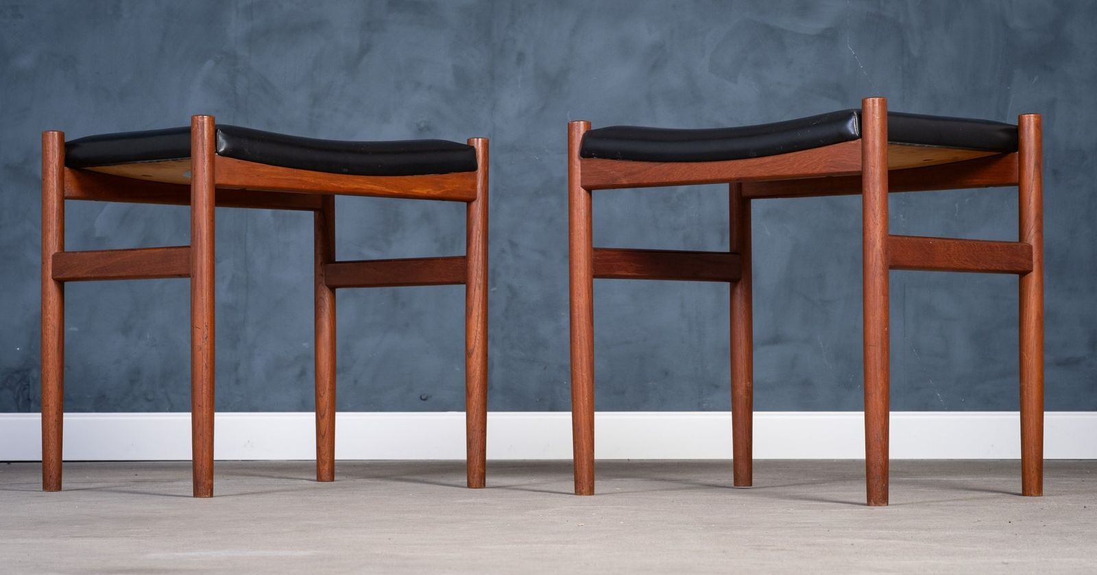 Teak Stools With Black Leather Tops From Spøttrup Møbelfabrik, 1960s, Set Of 2 photo for sale