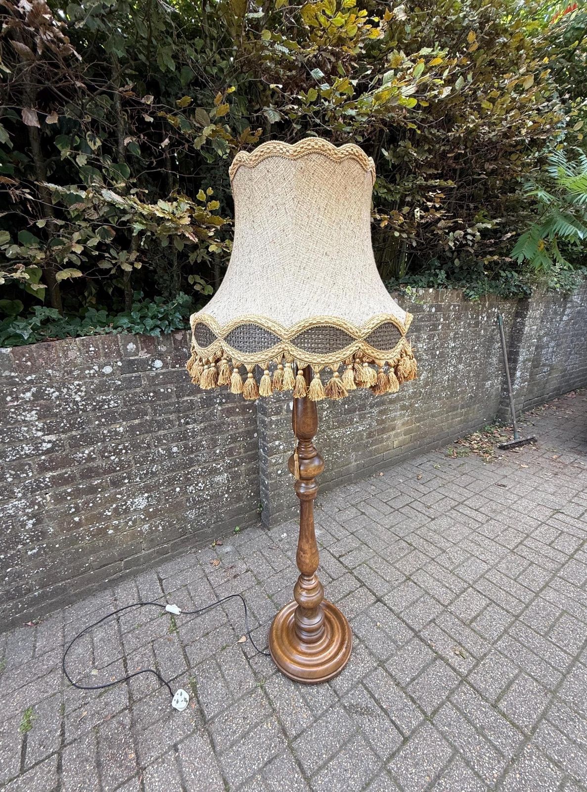 Vintage French Polished Walnut Standard Lamp With Ornate Fabric Tassel Shade – 1960s/70s Provincial Revival Floor Lamp
