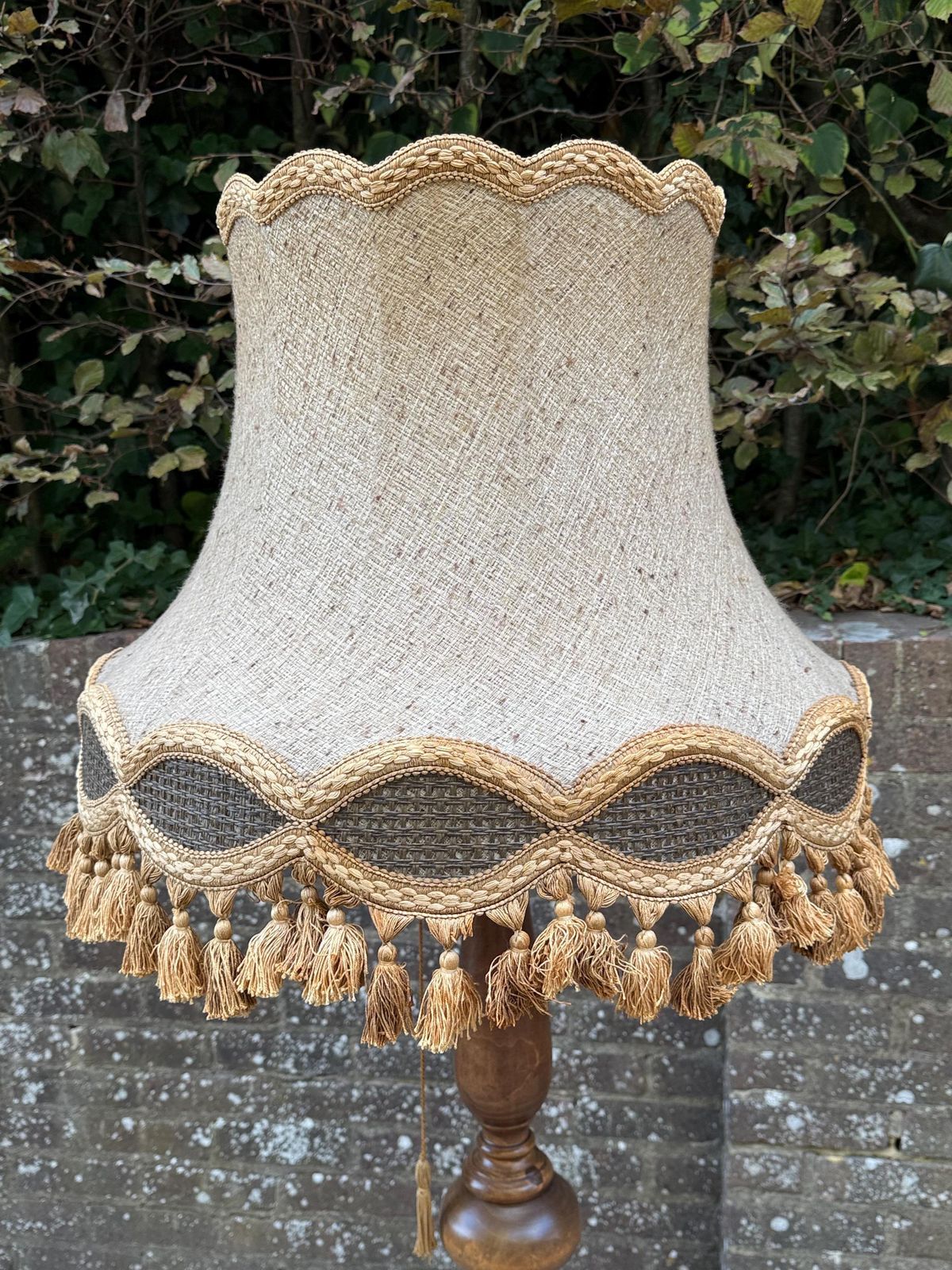 Vintage French Polished Walnut Standard Lamp With Ornate Fabric Tassel Shade – 1960s/70s Provincial Revival Floor Lamp photo Lighting