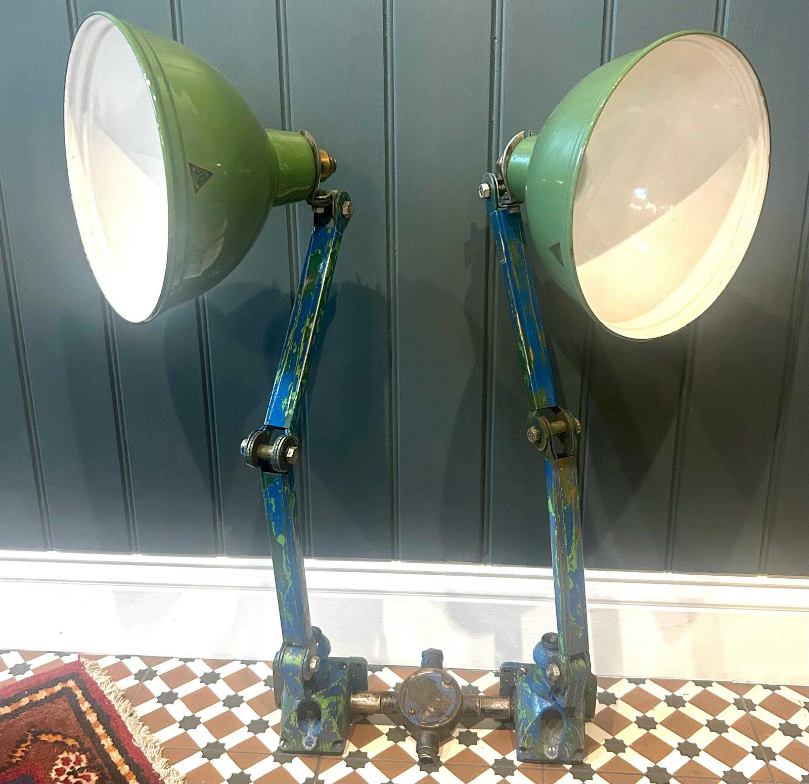 Green Twin Edl Industrial Desk Vintage Lamp Office Factory Retro Antique Light Lighting Factory Table Floor photo furniture