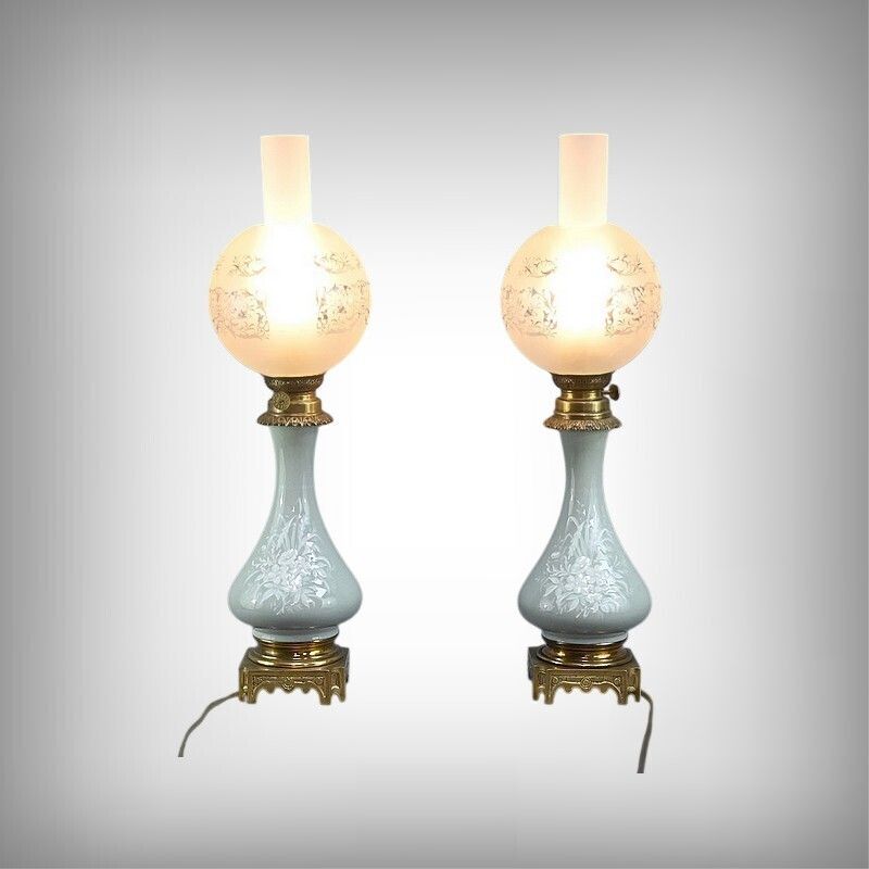 Pair Of Electrified Celadon Oil Lamps, Napoleon III Period – Part 2 Of The 19th Century photo furniture