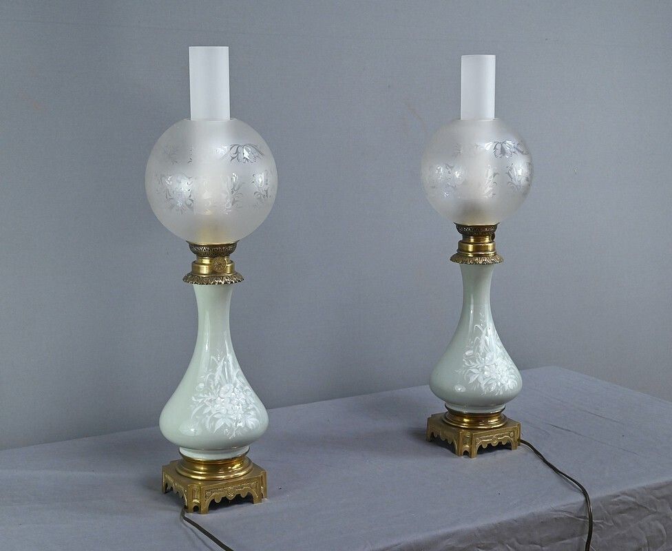 Pair Of Electrified Celadon Oil Lamps, Napoleon III Period – Part 2 Of The 19th Century photo for sale
