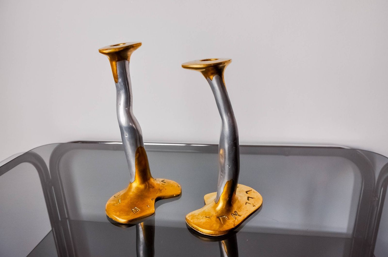 Pair Of Brutalist Bronze And Aluminum Candlesticks By David Marshall, Spain 1970 photo vintage