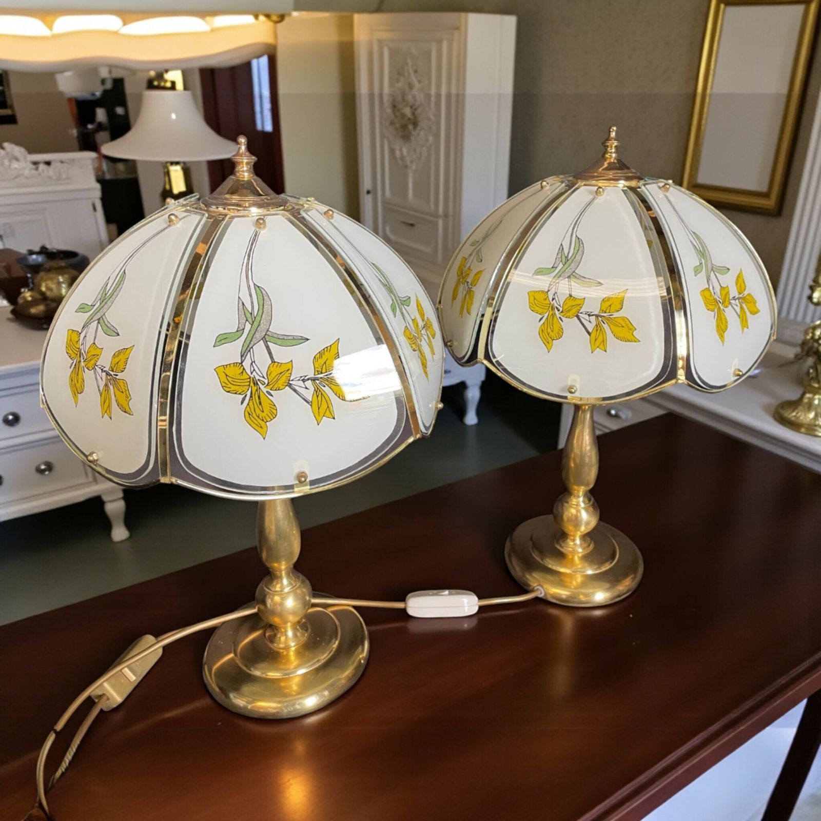 70.0 Elegant Vintage Brass Bedside Lamp With Floral Glass Shade, 1980s Ambient Lighting photo