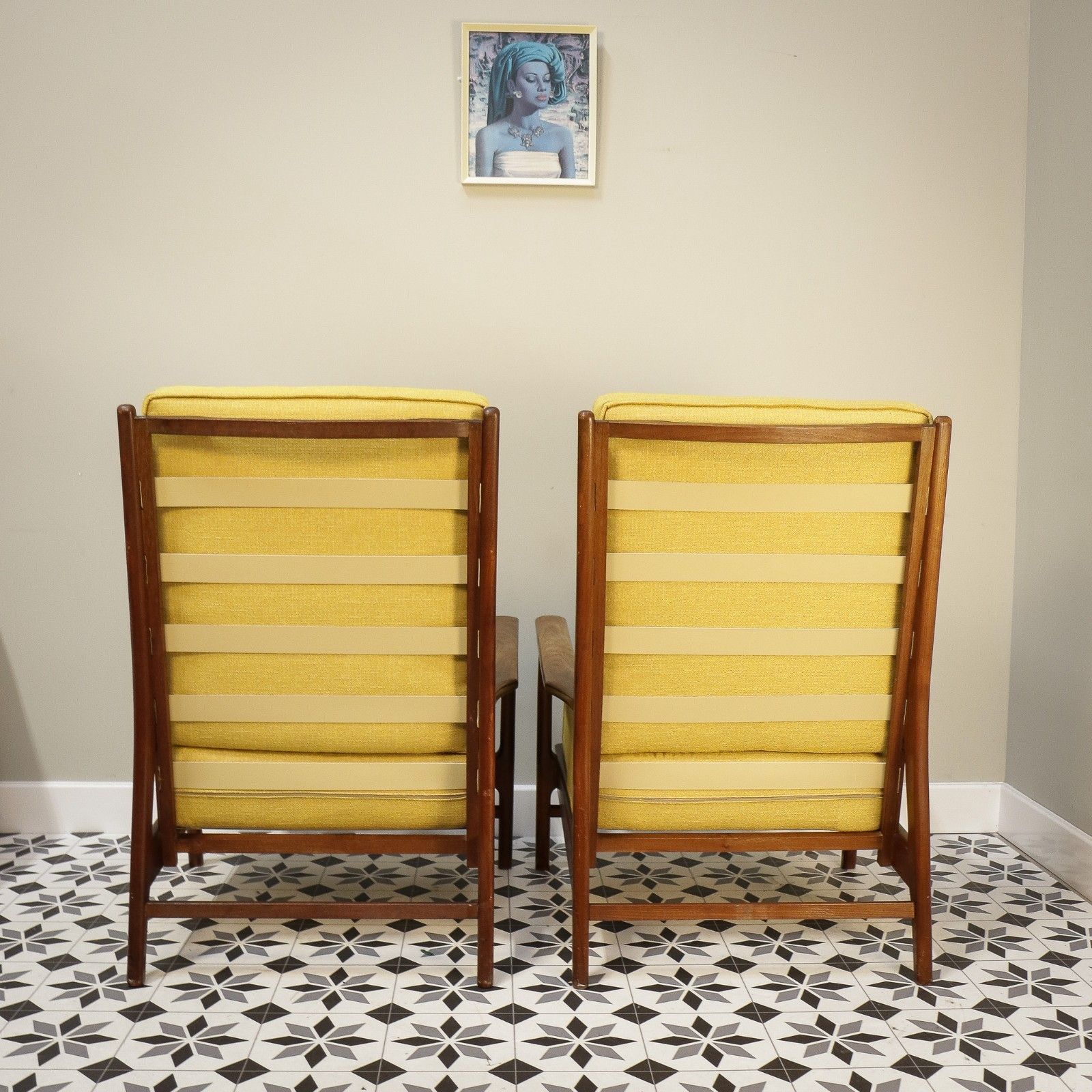 A Pair Of Teak Mid Century Retro Danish Style Fireside Arm Chairs In Yellow photo Furniture