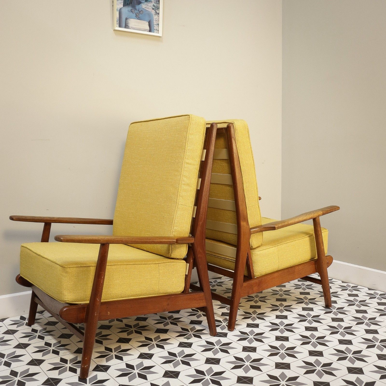 A Pair Of Teak Mid Century Retro Danish Style Fireside Arm Chairs In Yellow photo vinterior