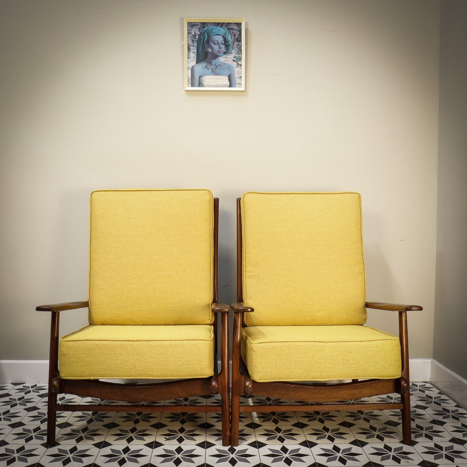 A Pair Of Teak Mid Century Retro Danish Style Fireside Arm Chairs In Yellow photo buy