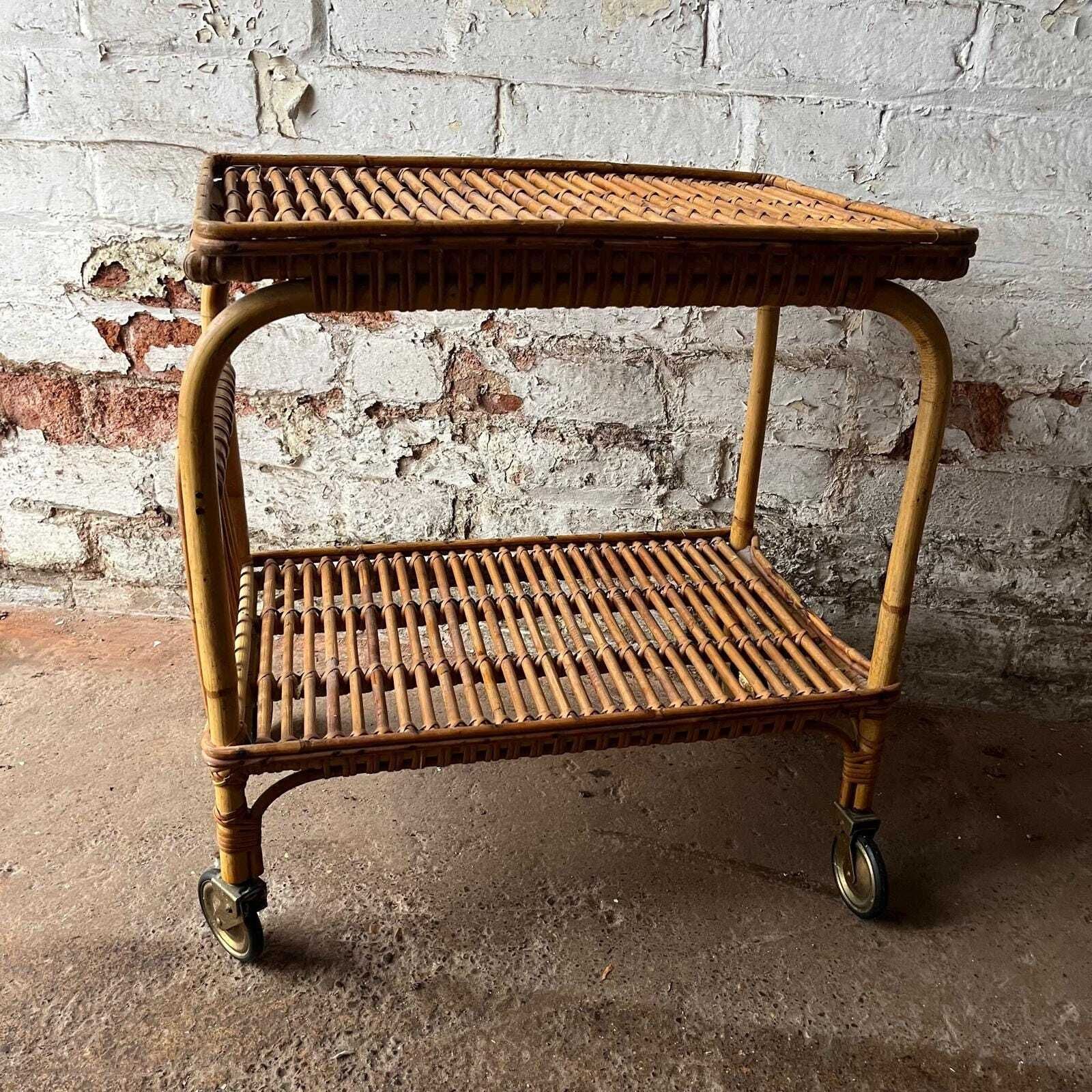 Italian Franco Albini 60s Bamboo And Rattan Side Table With Wheels