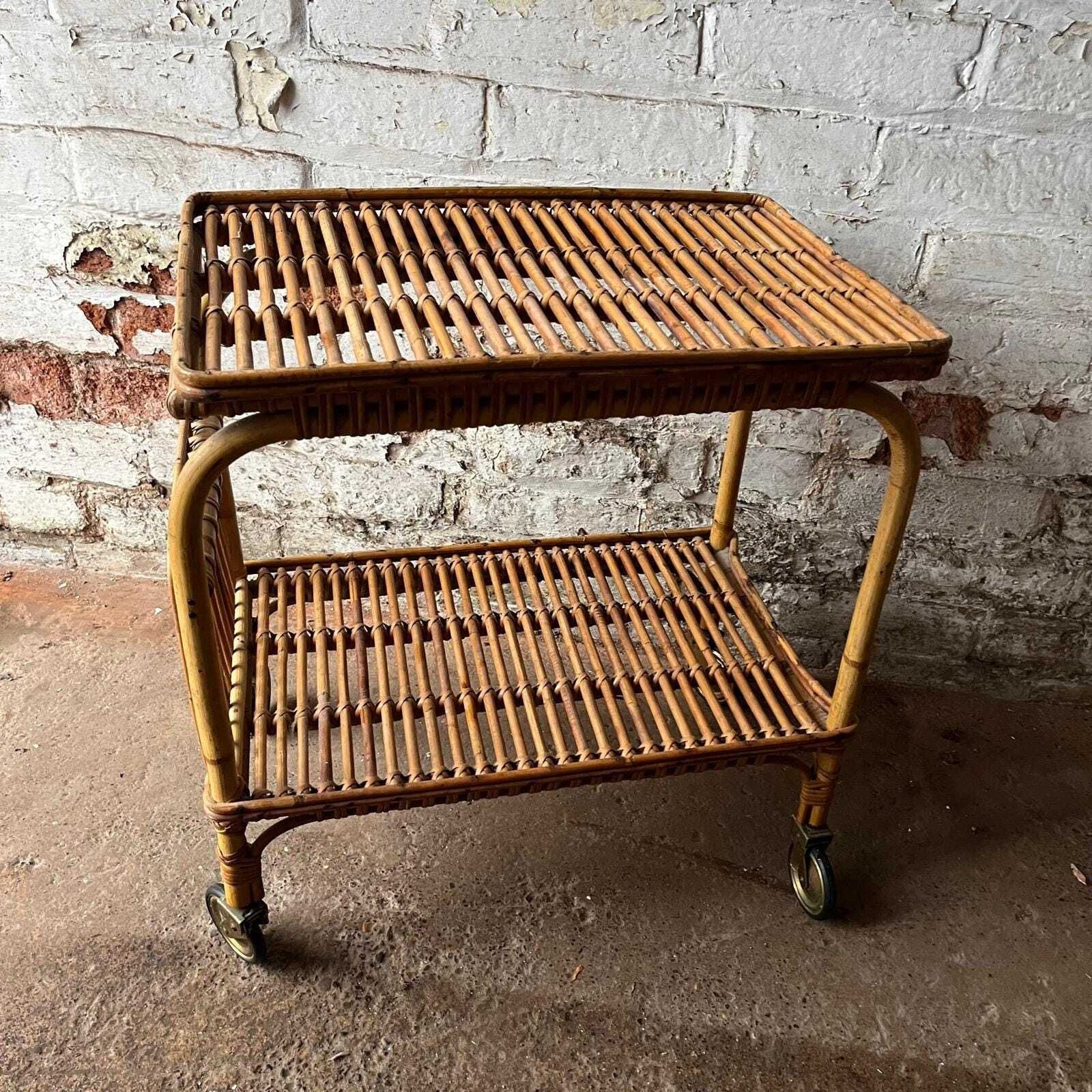 Italian Franco Albini 60s Bamboo And Rattan Side Table With Wheels photo furniture