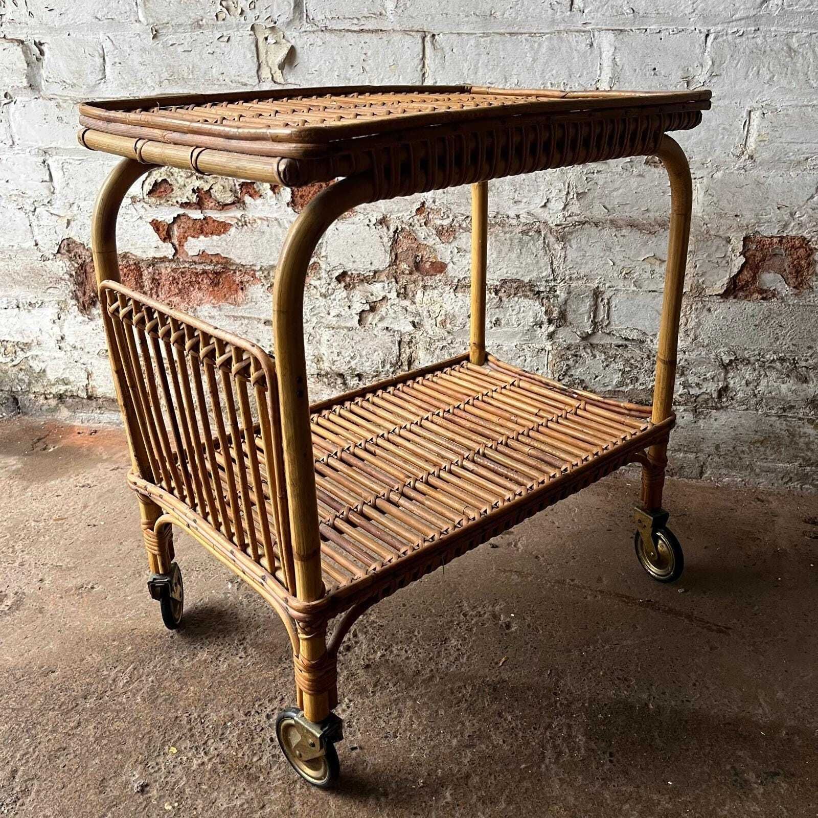 Italian Franco Albini 60s Bamboo And Rattan Side Table With Wheels photo vintage