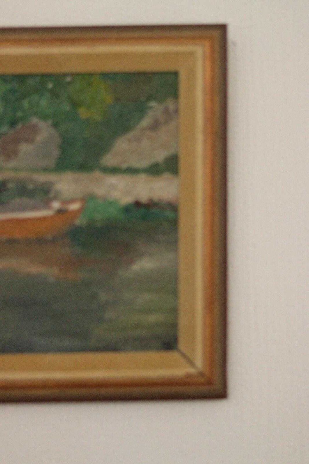 Original  European Oil On Canvas — House By The Lake – Vintage & Framed | 28 × 25 Cm (11" × 9.8", Incl. Frame) photo Art