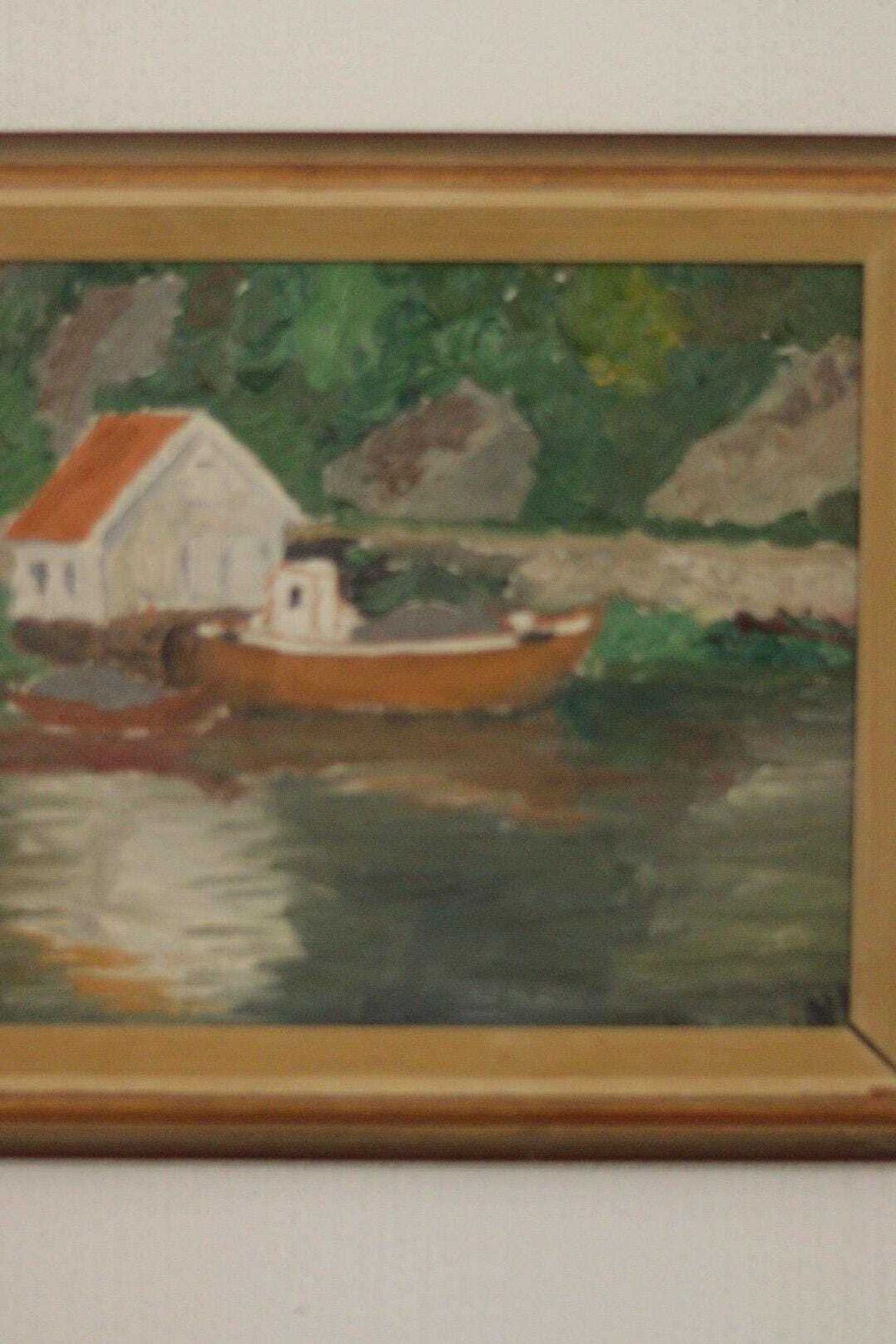 Original  European Oil On Canvas — House By The Lake – Vintage & Framed | 28 × 25 Cm (11" × 9.8", Incl. Frame) photo vinterior