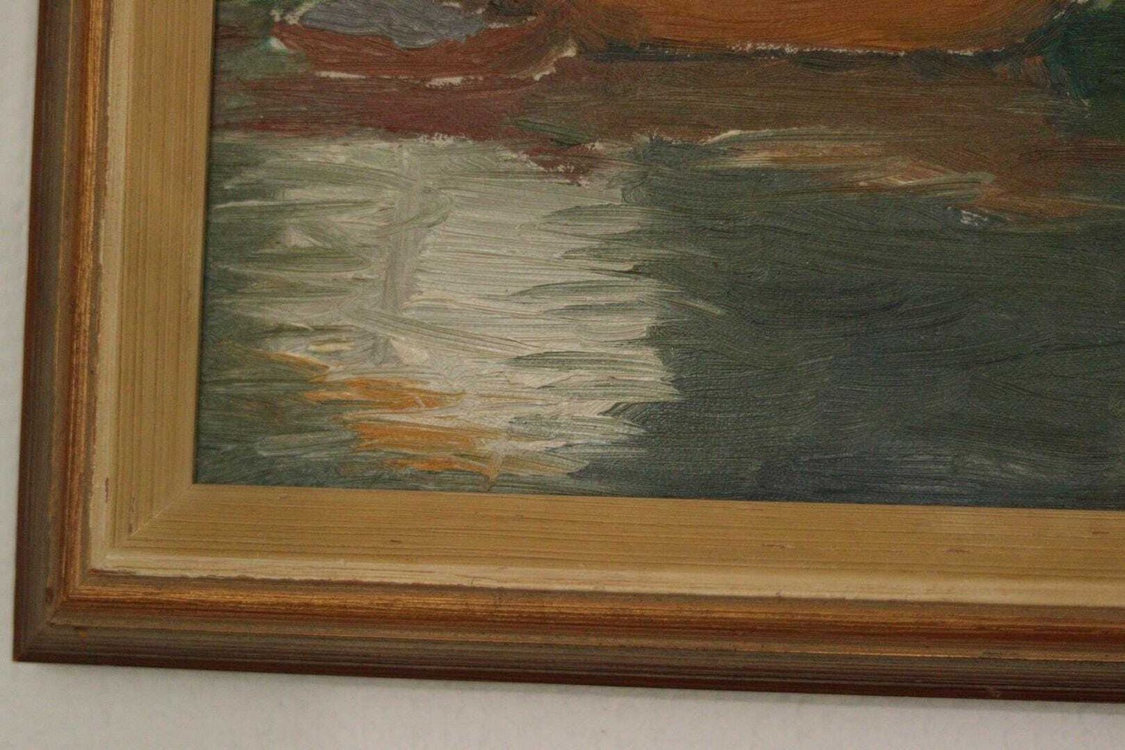 photo furniture Original  European Oil On Canvas — House By The Lake – Vintage & Framed | 28 × 25 Cm (11" × 9.8", Incl. Frame)