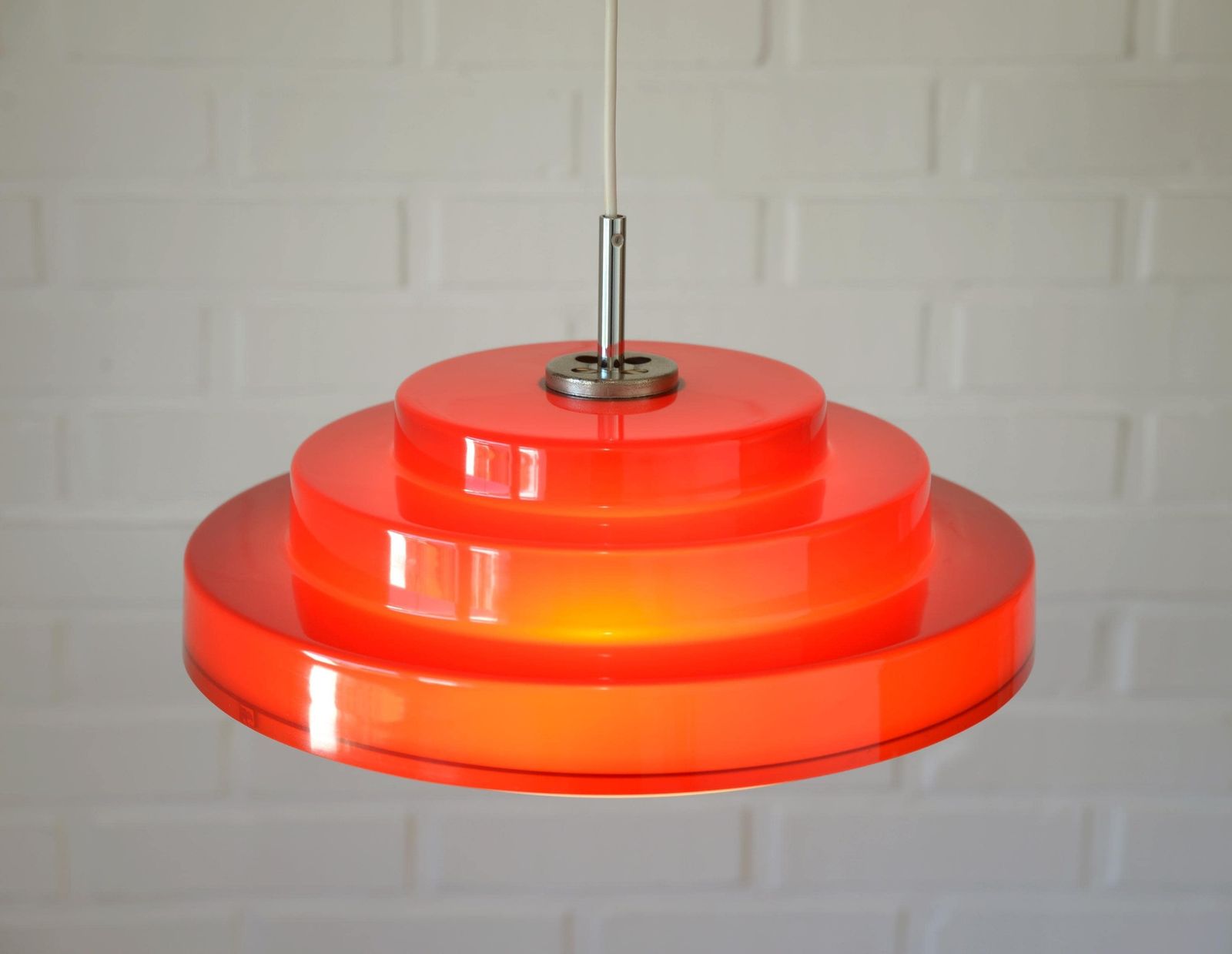 Vintage Scandinavian Design / Hanging Lamp / Red Plastic Pendant Light / Mid Century Modern / Space Age Style / Retro Lamp / Yugoslavia 70s photo for sale