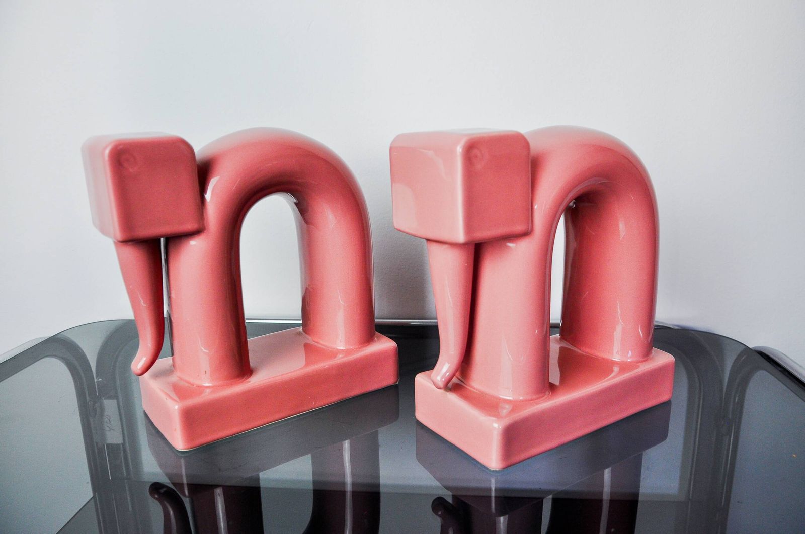 Pair Of Pink Elephants By Guadalupe Coronado, Bookends, Ceramic, Spain, 1980 photo vinterior