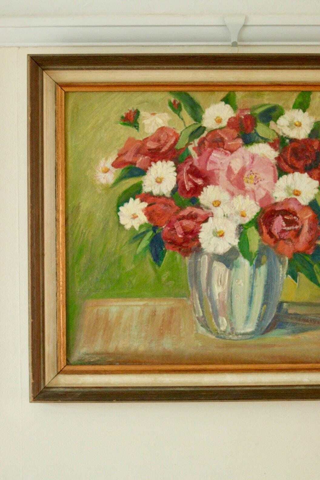 Original European Oil On  Panel Painting – “Floral Display”  – Vintage & Framed    60 X 50 Cm (23.6" X 19.7") photo furniture