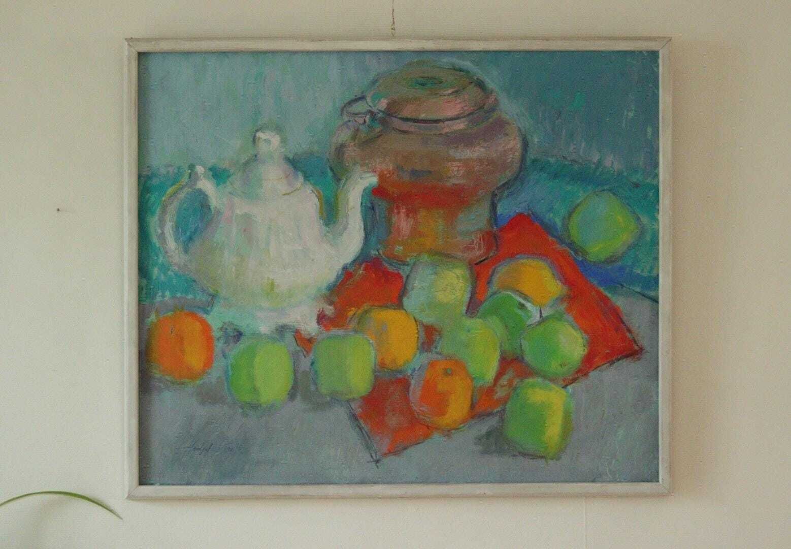 Original Swedish Mid Century  Oil On Canvas – “Still Life With Tea Pot” – Leo Fritiof Katte – Vintage & Framed  67 X 56 Cm (26.4" X 22") photo furniture
