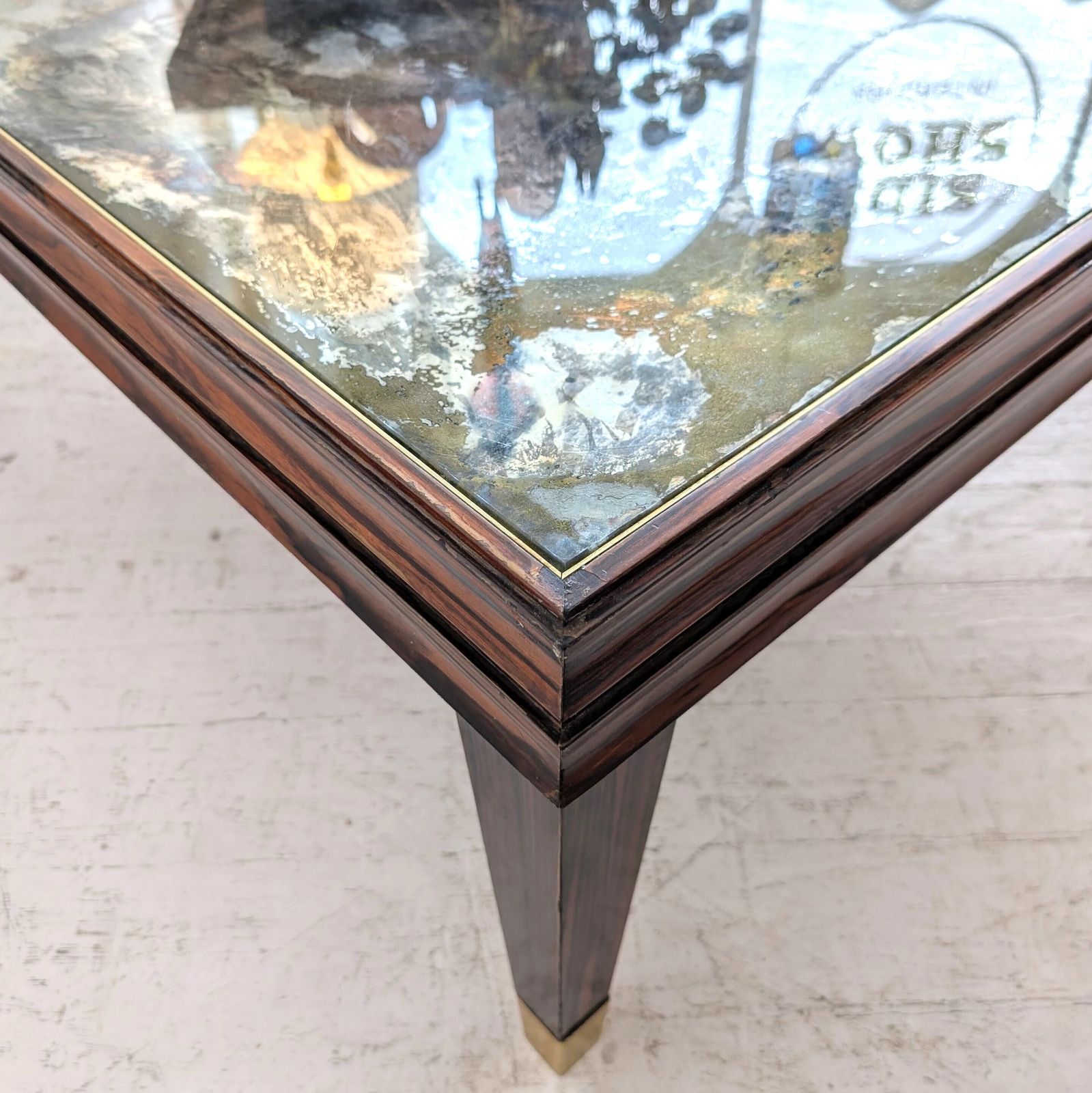 Large Vintage Mid Century Macassar Coffee Table, Eglomise Glass Top, Italy 1970s photo vinterior