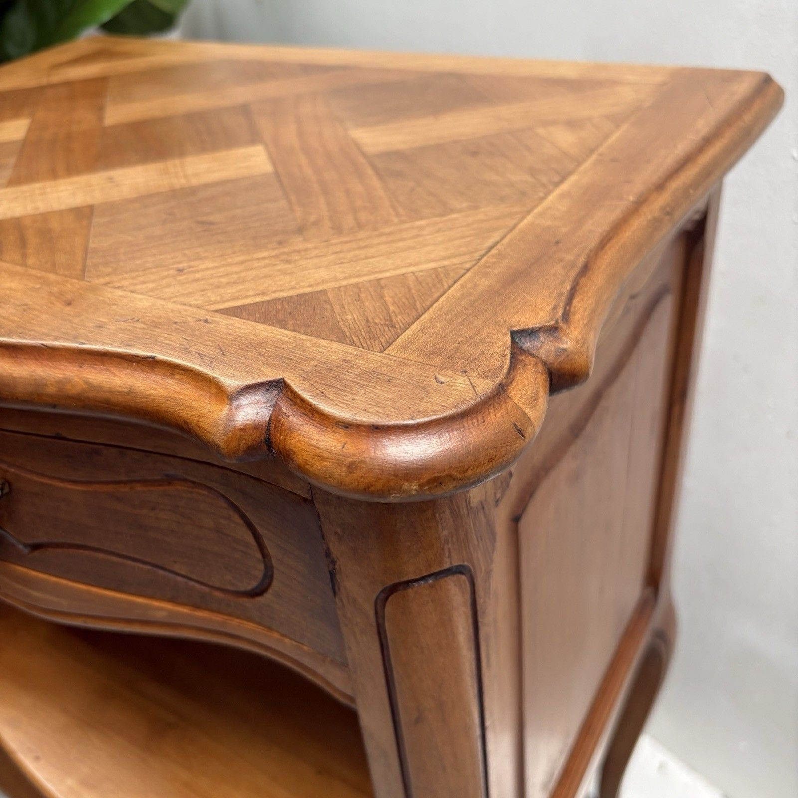Vintage French Louis XV Style Parquetry Top Cherry Wood Bedside Table “Chevet” photo for sale