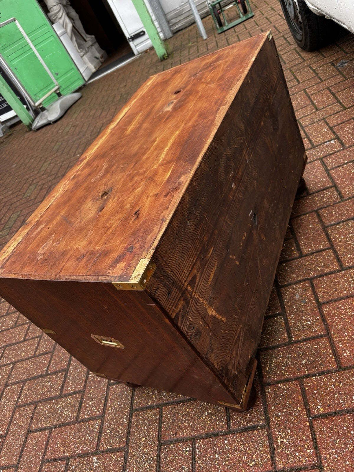 photo vinterior Victorian Campaign Chest. Superb Patina, Fine Proportions, Splits In 2 Pieces.