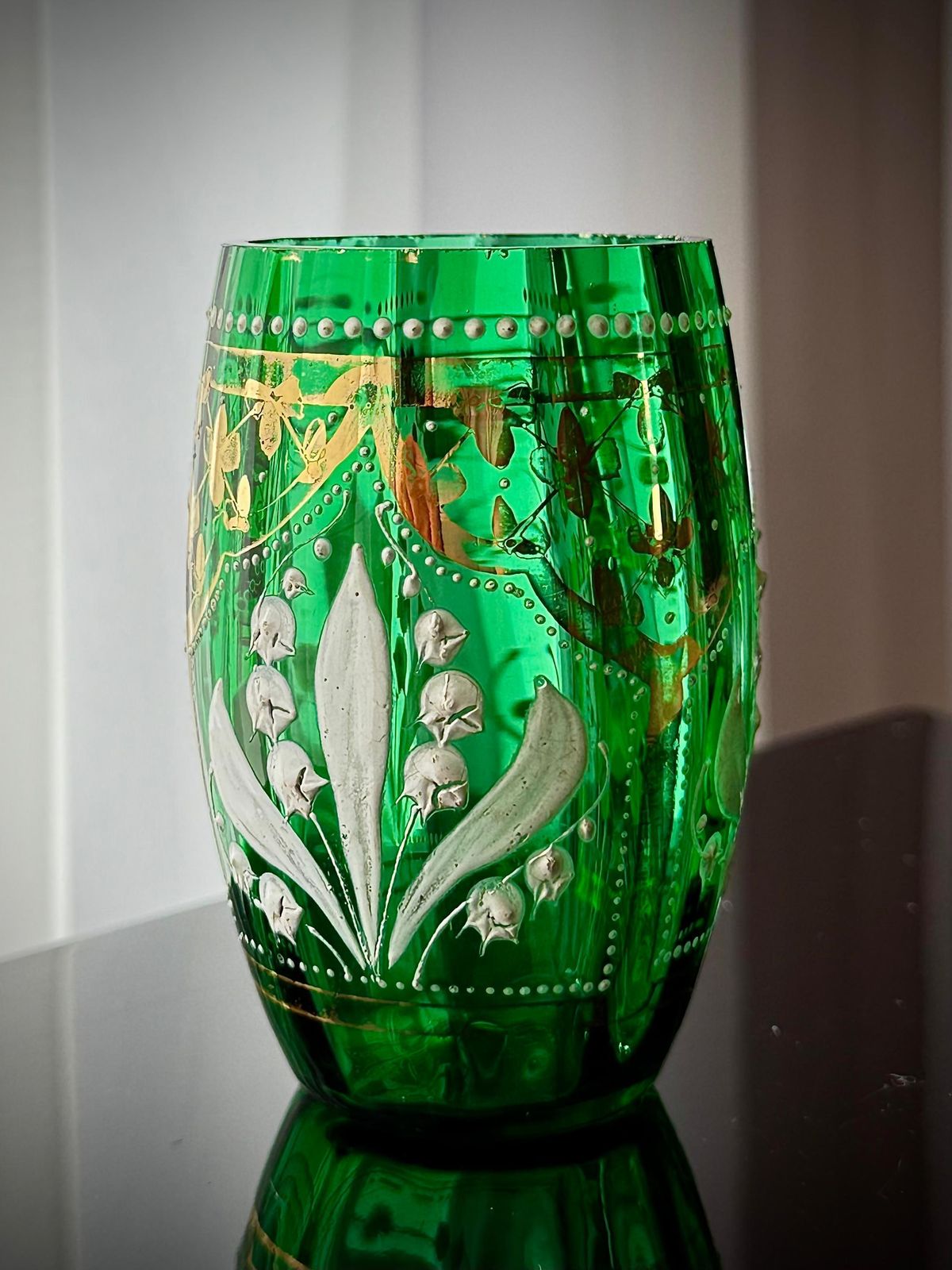 Victorian Green Glass Tumbler, Lily Of The Valley Enamel & Gilt, C.1880–1895 photo vintage