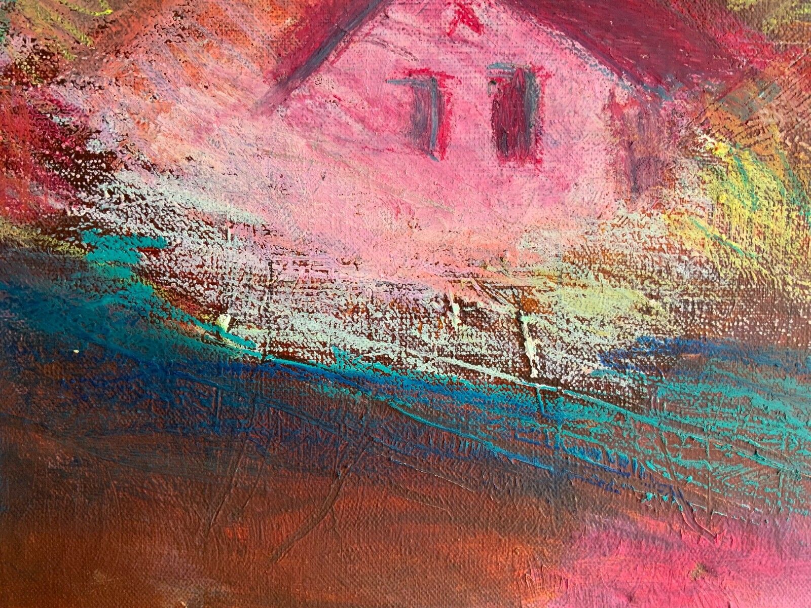 Vintage Oil Pastel Painting Landscape, “Pink House” photo furniture