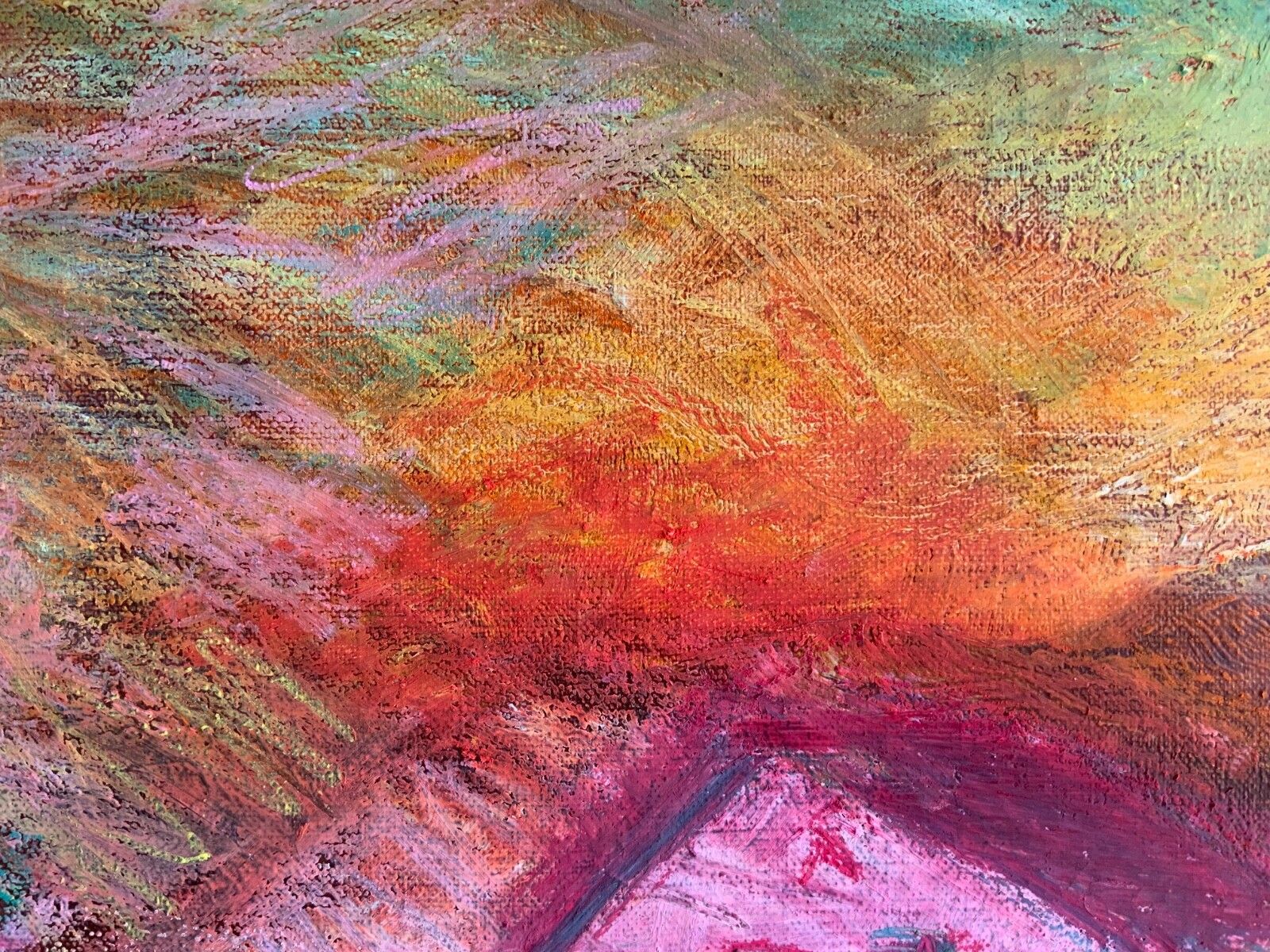 Art Vintage Oil Pastel Painting Landscape, “Pink House” photo