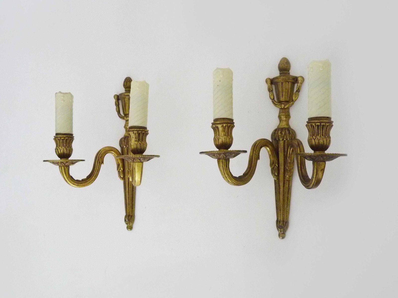 Antique Pair Of Bronze Firepot Wall Sconces With Two Candles. photo vinterior