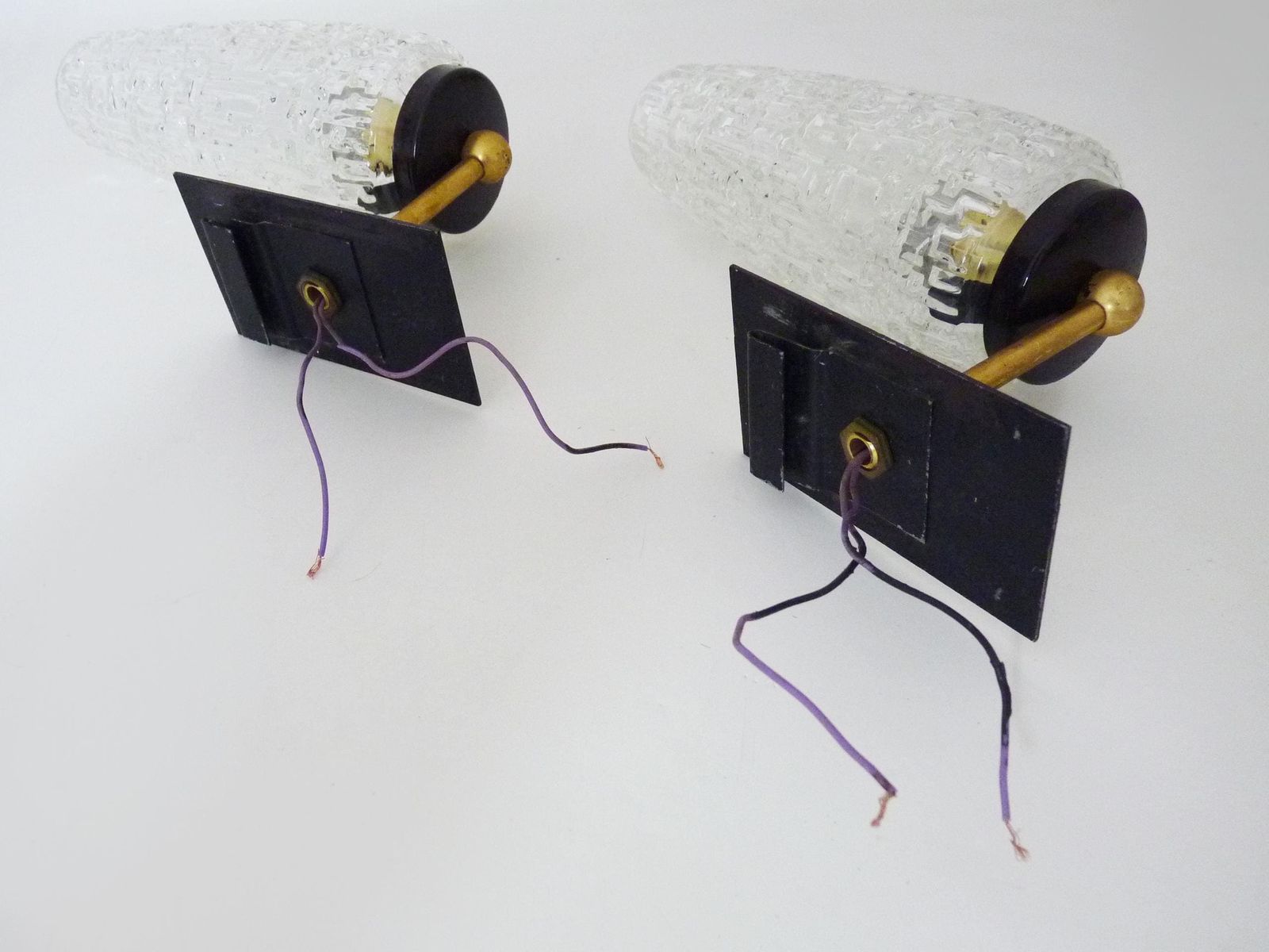 Superb Pair Of Brass Wall Sconces With Glass Globes. The Black Wall Part Is Made Of Metal. photo vintage
