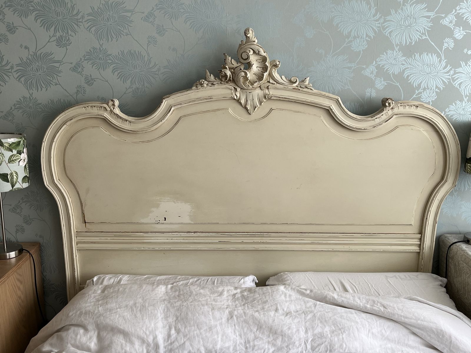 Antique French Louis XIV Style Double Bed   Cream Distressed photo furniture