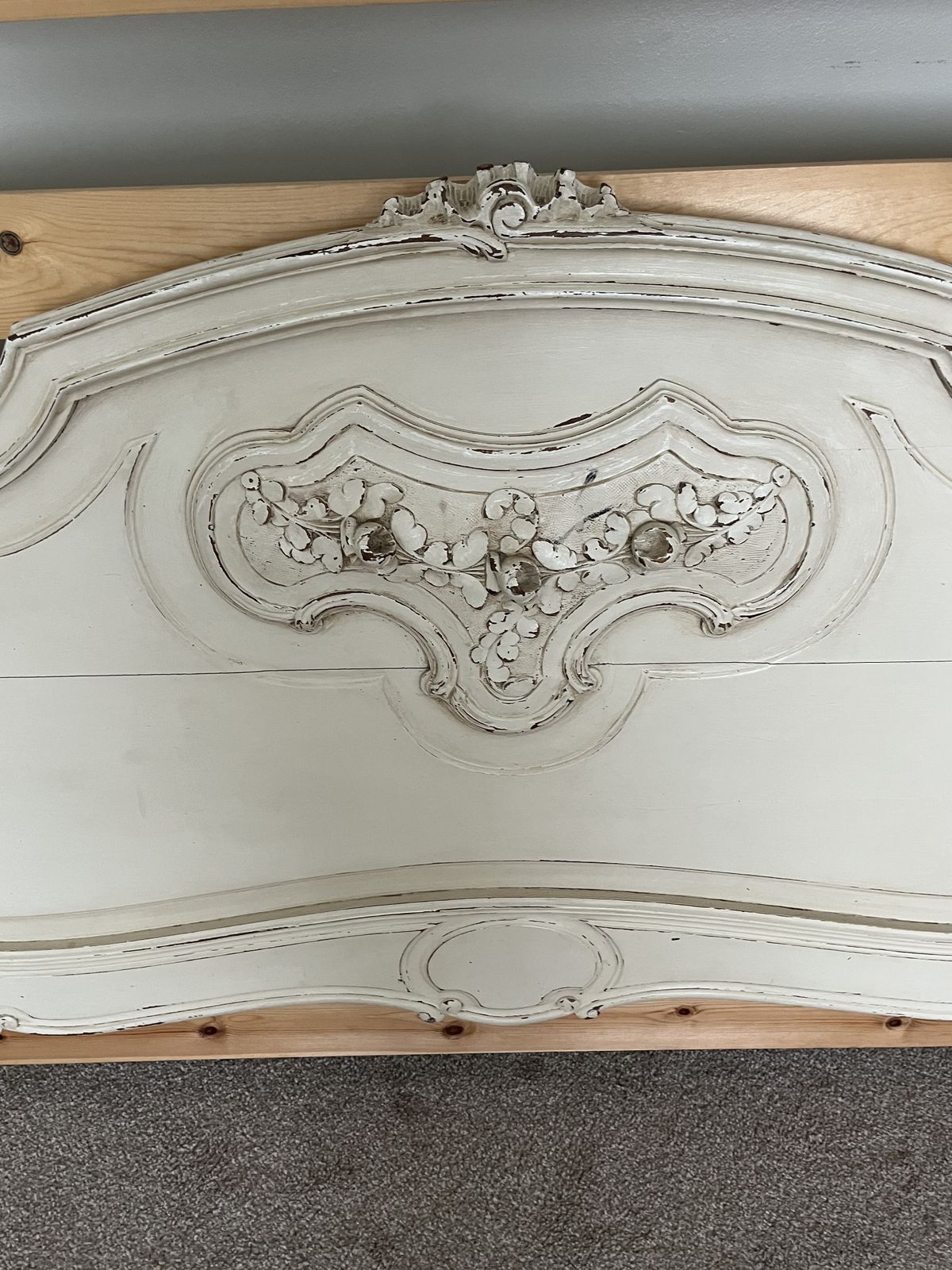 Antique French Louis XIV Style Double Bed   Cream Distressed photo vintage